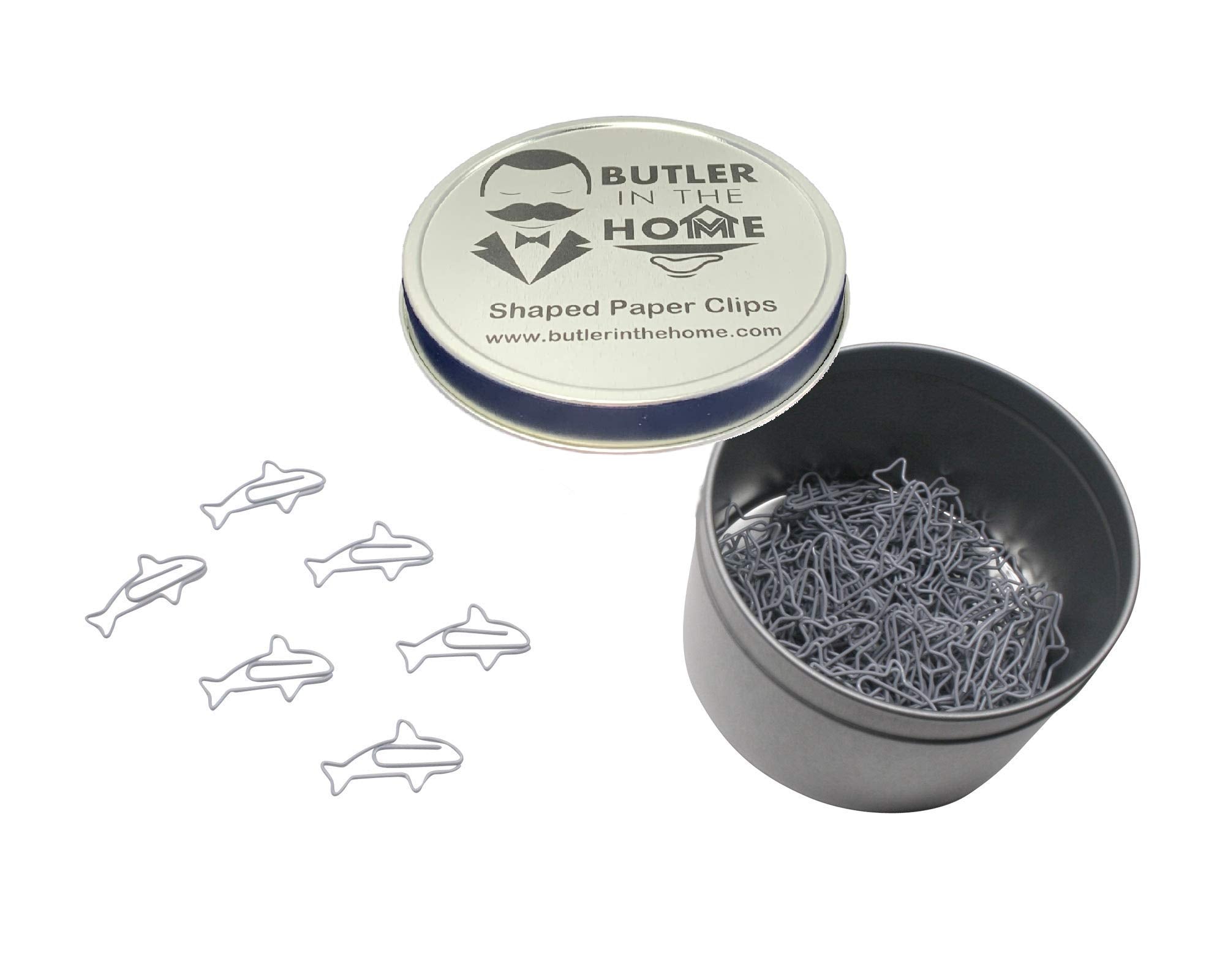 Butler In The Home 100 Count Shark Shaped Paper Clips Great For Paper Clip Collectors Or Office Gift - Comes In Round Tin With L