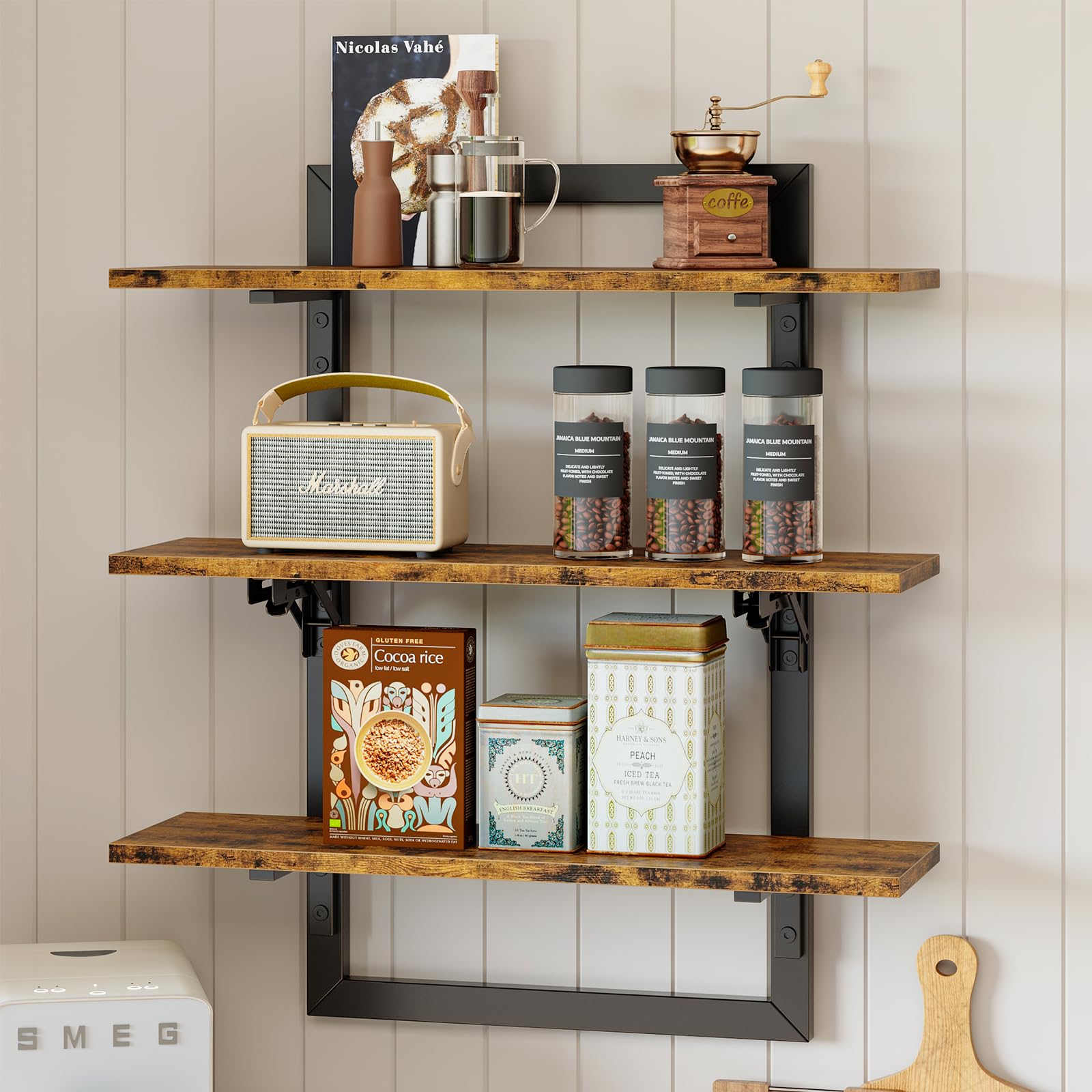 Bestier Floating Shelves for Wall, 24 inch Kitchen Shelves Wall Mounted, 3 Tier Coffee Bar Shelf with Foldable Brackets, Industr
