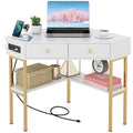 Giantex Corner Desk with Charging Station, 90 Degree Triangle Computer Desk with 2 Drawers & Storage Shelf, L-Shaped Writing Des
