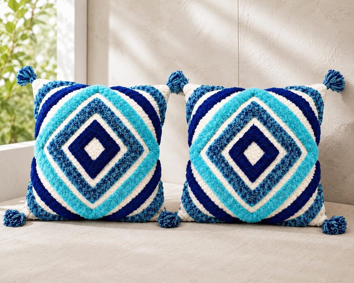 Benavji Cotton Canvas Cushion Cover, Tufted Zigzag Design, HandWoven, Bohemian Style, 16 Inch, Decorative Throw Pillow Case For