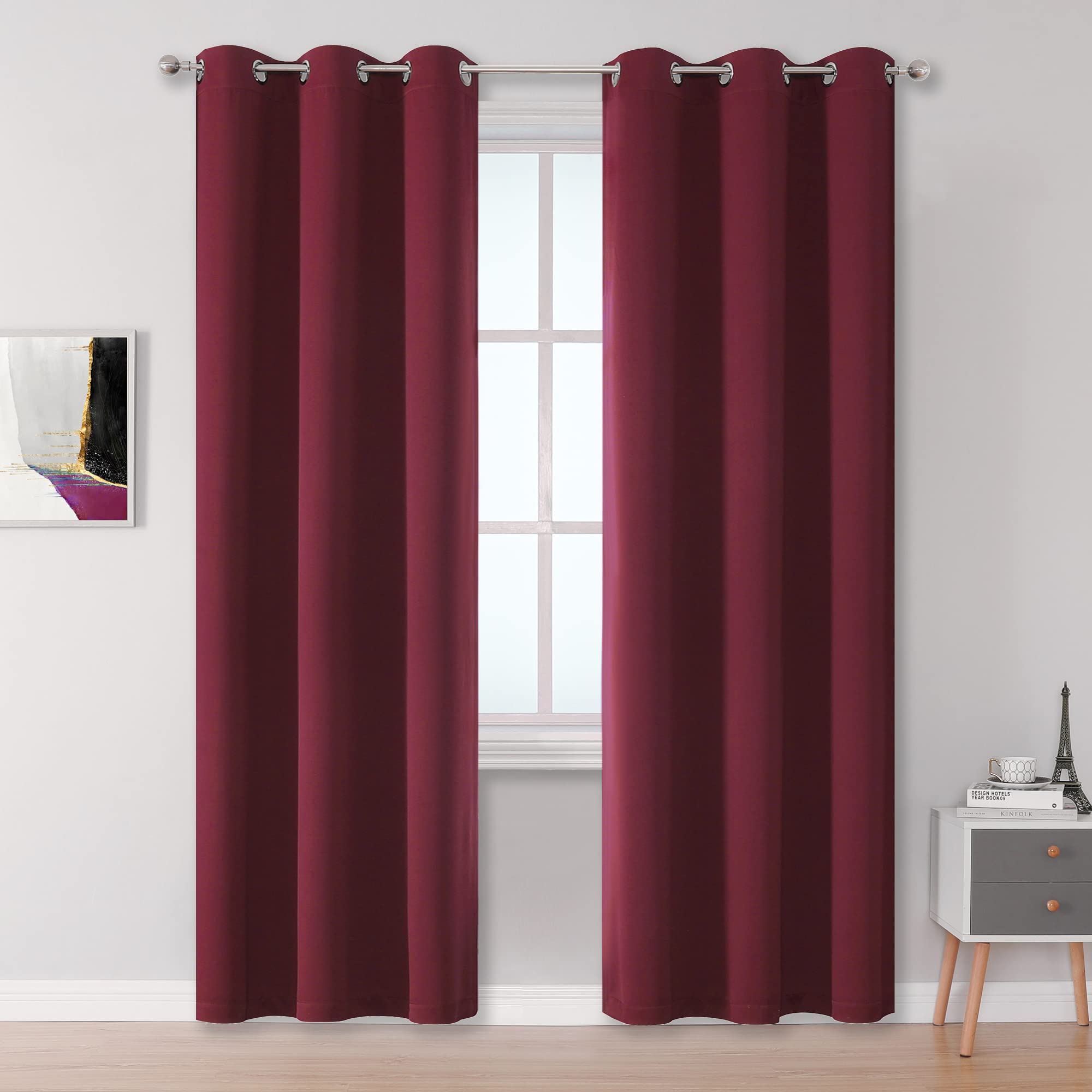 Dualife Burgundy Blackout Curtain Panels For Bedroom 96 Inches Long Burgundy Red Solid Thermal Insulated Window Curtain Panels W