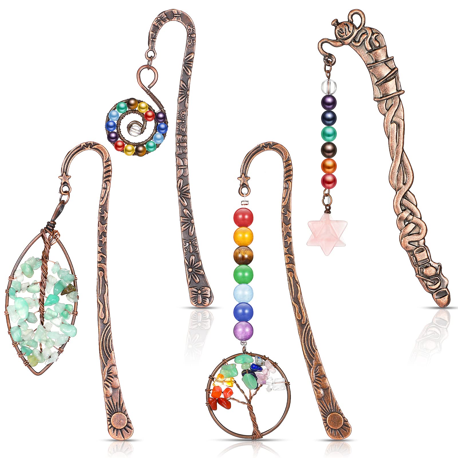 4 Pcs 7 Chakra Crystal Bookmark Antique Copper Metal Bookmark Beading Bookmarks Healing Stone Vintage Bookmarks Tumbled Gemstone
