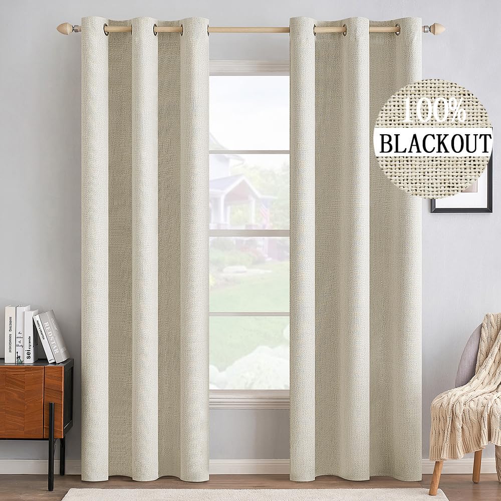 Miulee 100% Blackout Linen Textured Curtains For Bedroom Solid Thermal Insulated Cream Grommet Room Darkening Curtains & Drapes