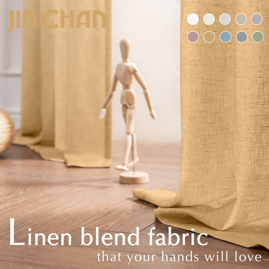 Jinchan Linen Blend Curtains 96 Inches Long For Living Room Yellow Farmhouse Rod Pocket Back Tab Light Filtering Window Drapes For Bedroom Curtains 2 Panels Mustard Yellow