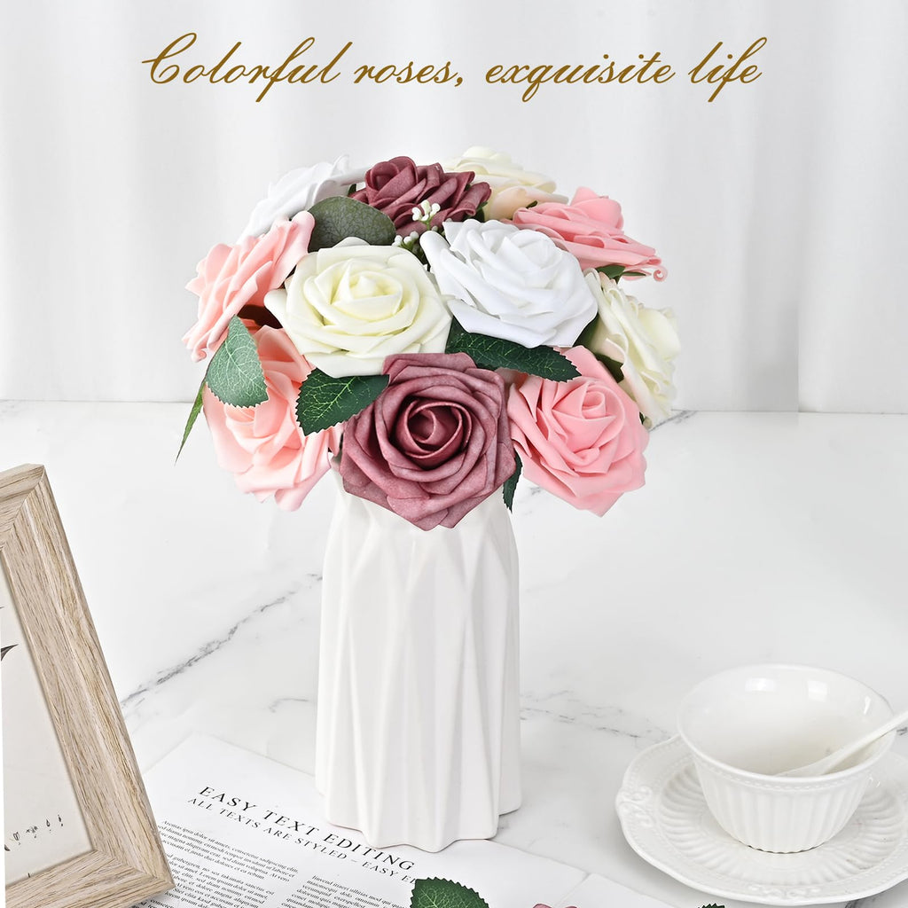 Bleum Cade 16Pcs Artificial Flowers Fake Roses With Stems, Gradient Dusty Rose Boxed Foam Roses For Diy Bouquets Centerpieces We