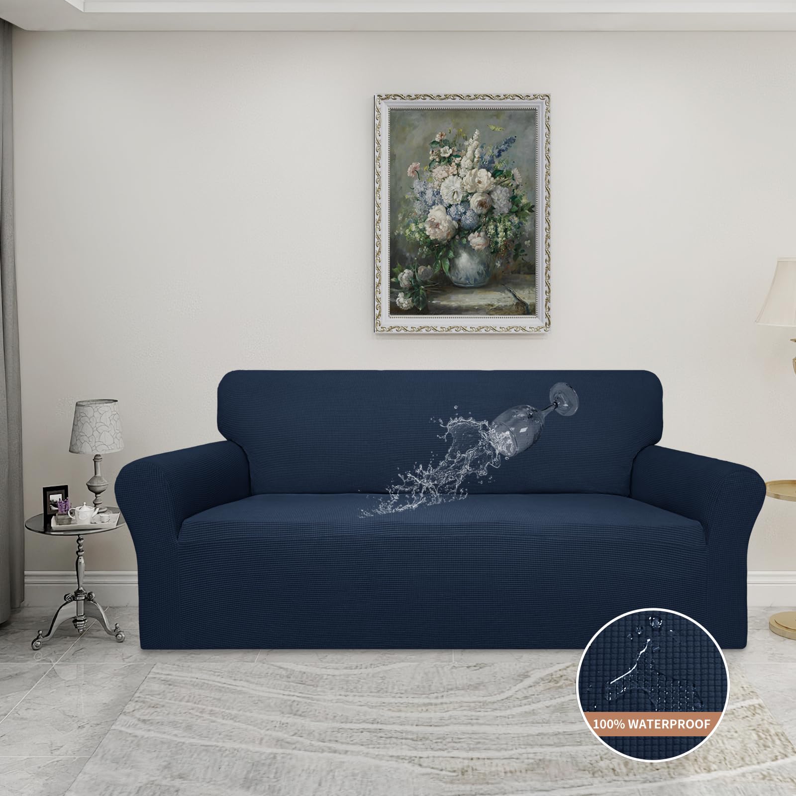 Easy-Going 100% Waterproof Couch Cover, Dual Waterproof Sofa Cover, Stretch Jacquard Sofa Slipcover, Leakproof Furniture Protector For Kids, Pets, Dog And Cat (Sofa, Dark Blue)
