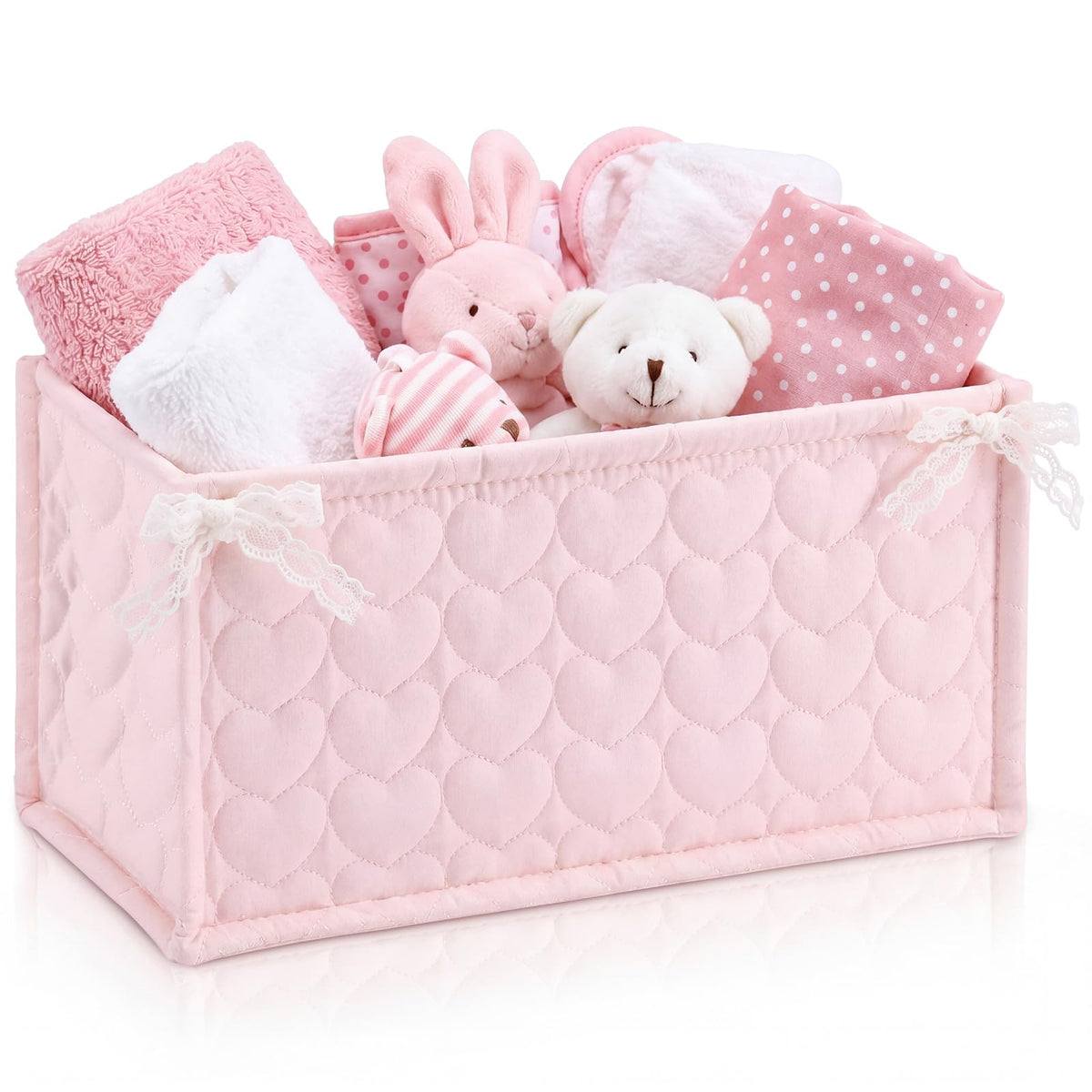 Havawish Pink Heart Quilted Nursery Basket with Bow for Girls Diaper Caddy