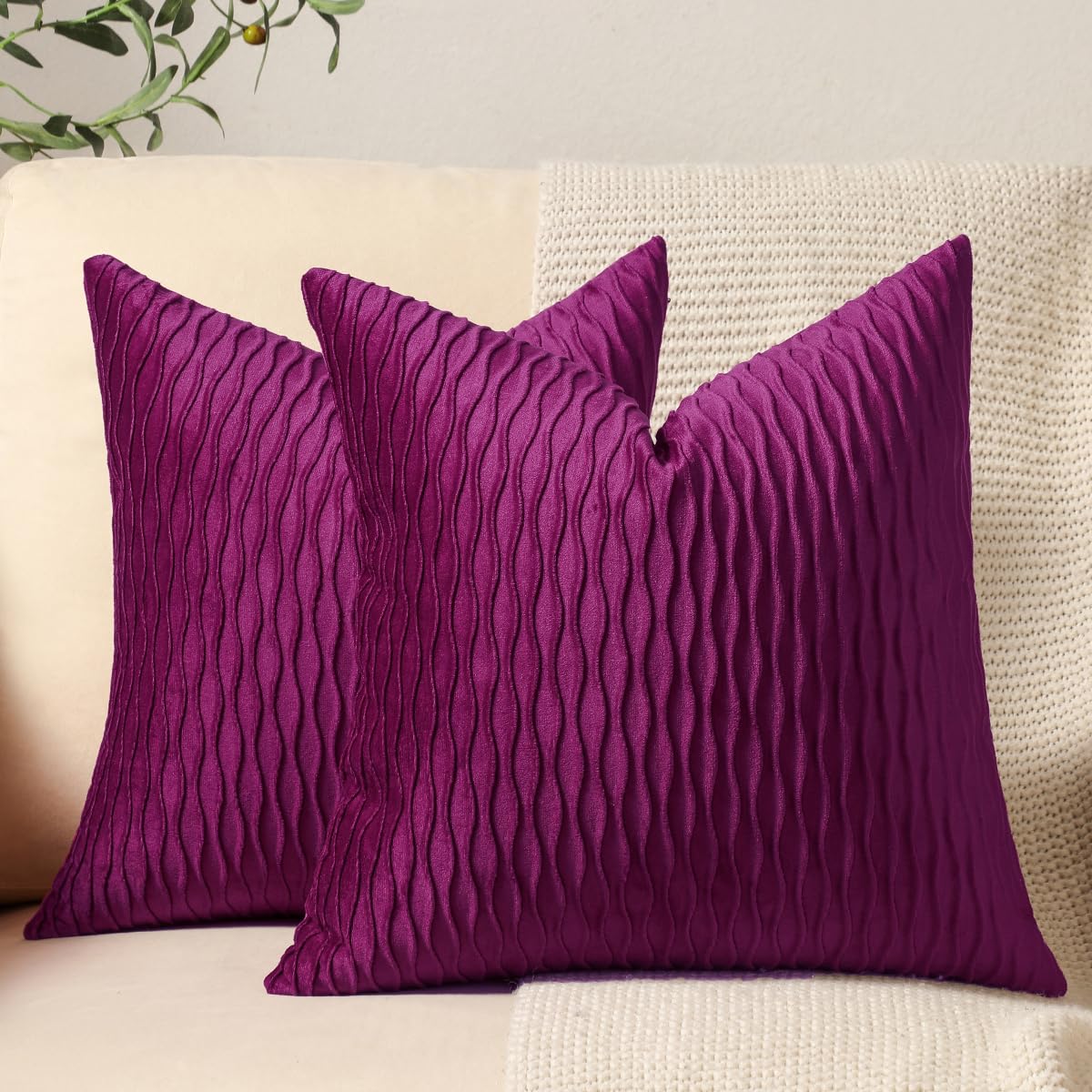 Dezene 20X20 Purple Throw Pillow Cases: 2 Pack Original Striped Velvet Square Decorative Pillow Covers For Farmhouse Couch