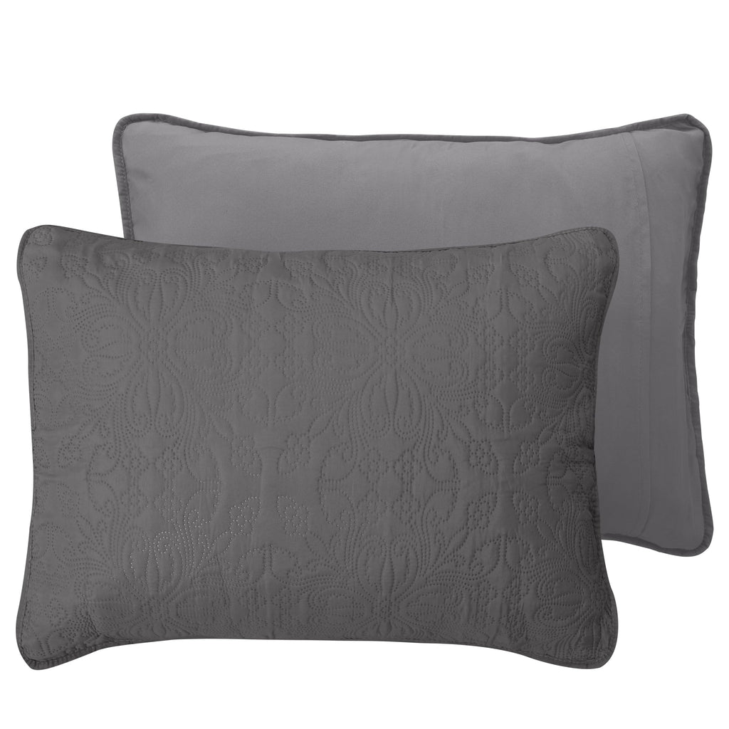 Easy-Going King Size Reversible Quilt Set With 1 Quilt And 2 Pillow Shams, Soft Bed Quilt Cover, Water Resistant Lightweight Microfiber Bedspread, Stain Resistant, Damask-Gray/Light Gray