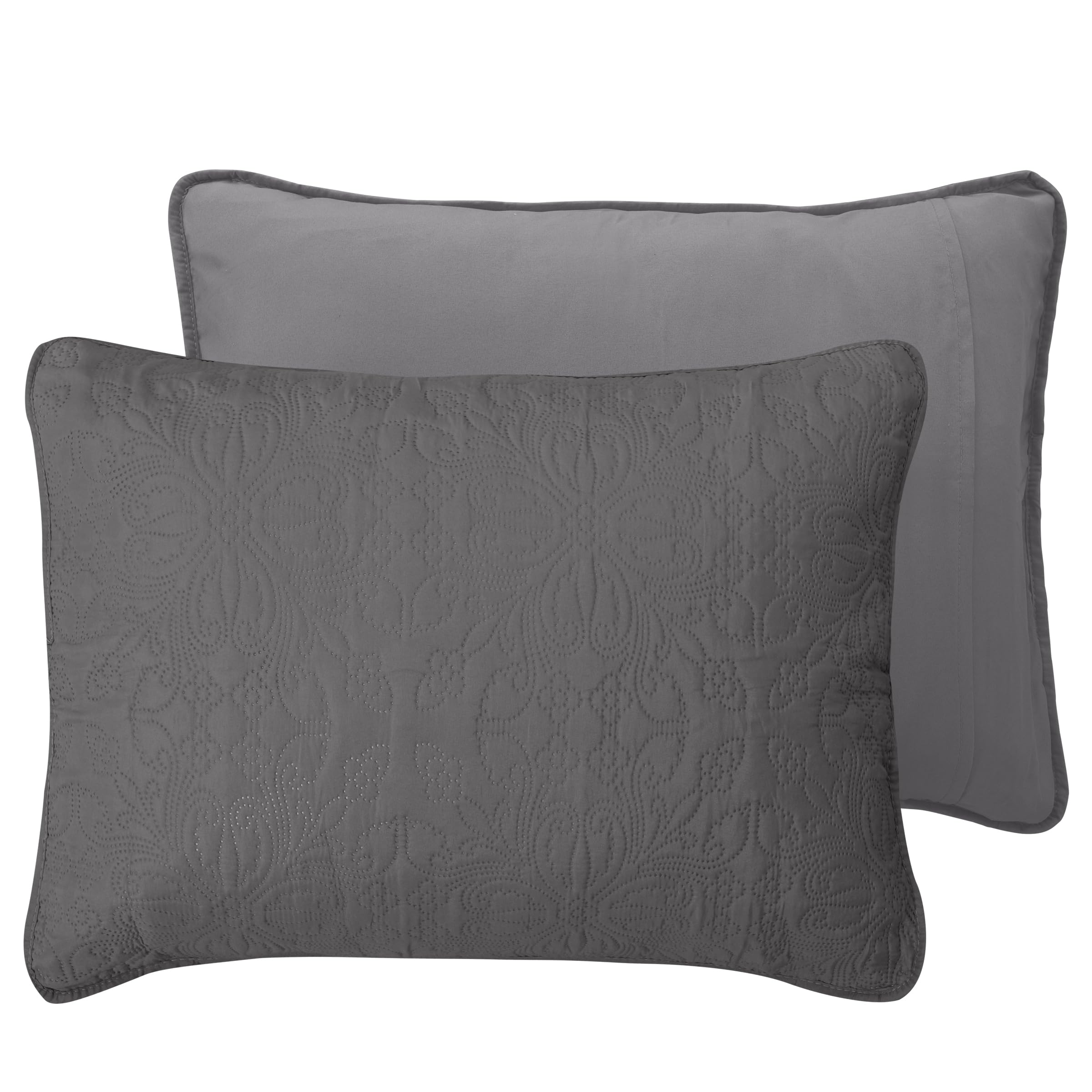 Easy-Going King Size Reversible Quilt Set With 1 Quilt And 2 Pillow Shams, Soft Bed Quilt Cover, Water Resistant Lightweight Microfiber Bedspread, Stain Resistant, Damask-Gray/Light Gray