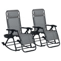 Outsunny Set Of 2 Outdoor Rocking Chairs, Foldable Reclining Zero Gravity Lounge Rocker With Pillow, Cup & Phone Holder, Combo Design With Folding Legs, Gray