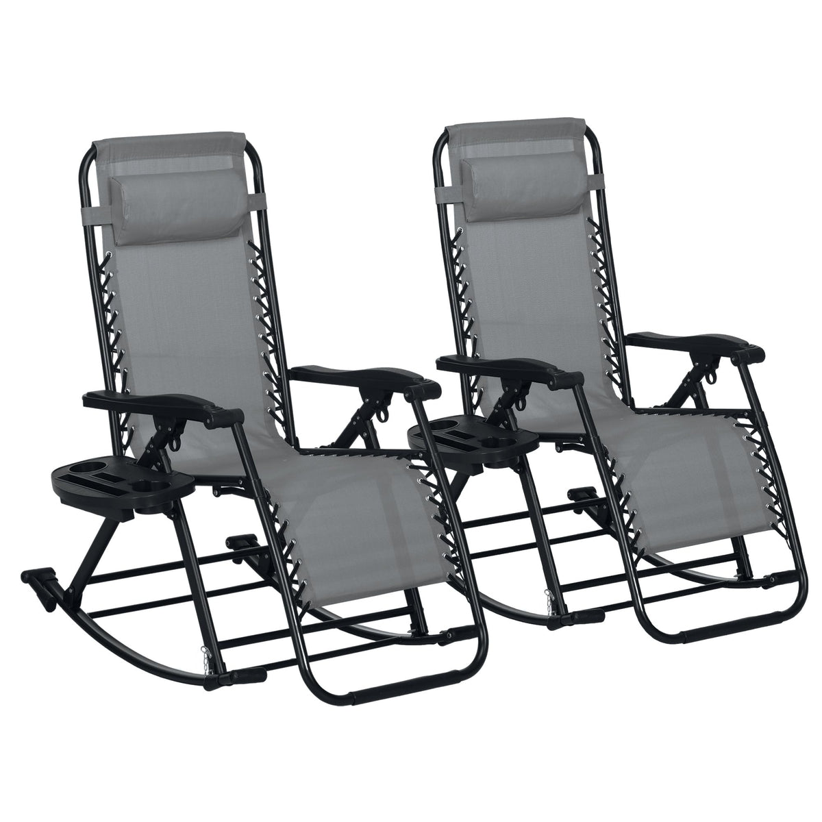 Outsunny Set Of 2 Outdoor Rocking Chairs, Foldable Reclining Zero Gravity Lounge Rocker With Pillow, Cup & Phone Holder, Combo Design With Folding Legs, Gray