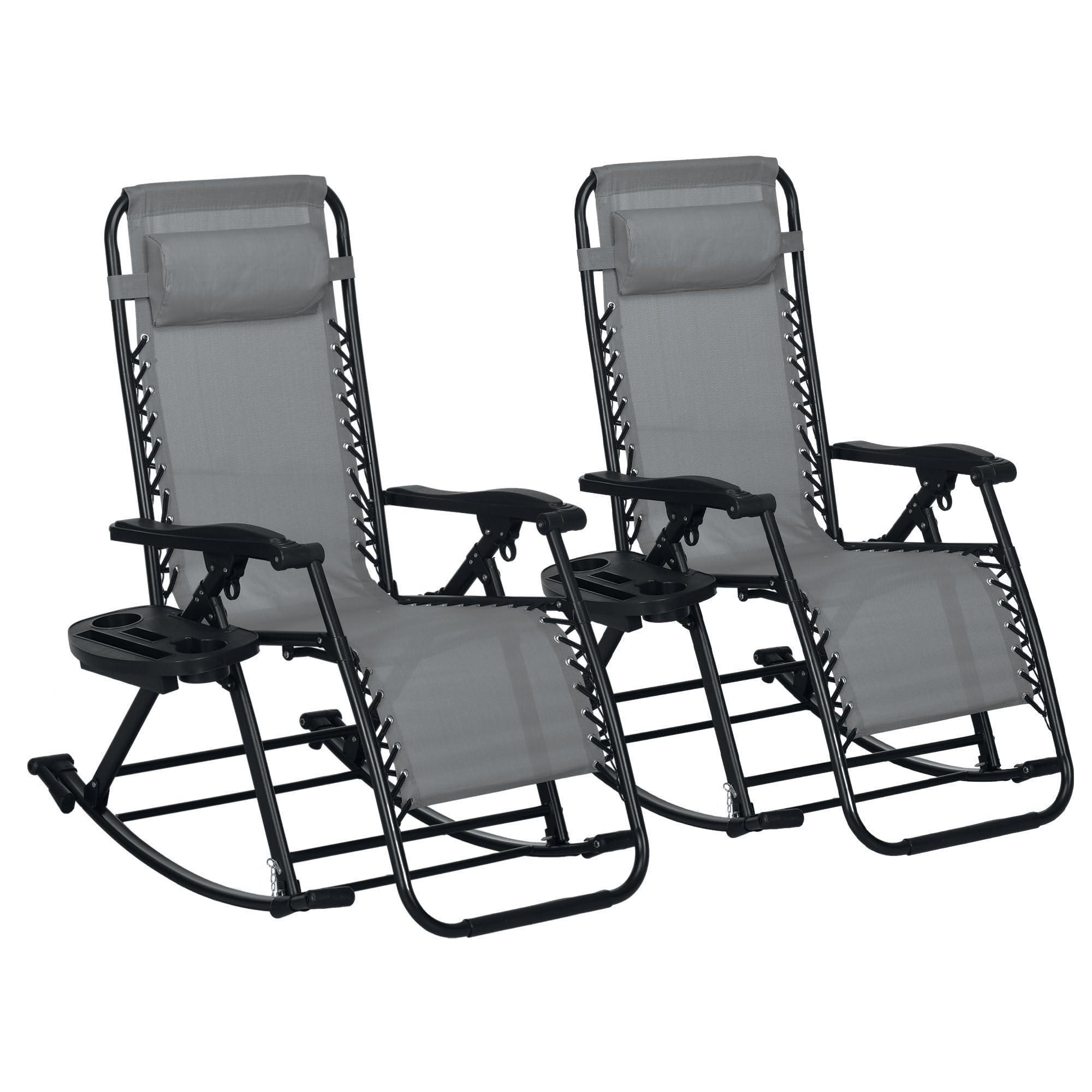 Outsunny Set Of 2 Outdoor Rocking Chairs, Foldable Reclining Zero Gravity Lounge Rocker With Pillow, Cup & Phone Holder, Combo Design With Folding Legs, Gray