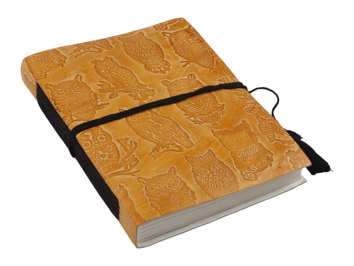 Store Indya Vintage Inspired Leather Journal Diary With Handmade Unlined Pages 8' X 6' 192 Pages (Embossed Gold Owl)