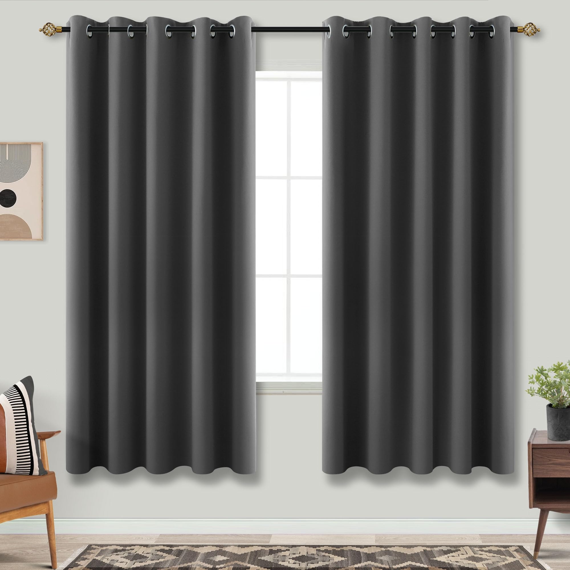 Mrs.Naturall Dark Grey Curtains 72x63 Inch Length for Living Room 2 Panels Blackout Room Darkening Curtains