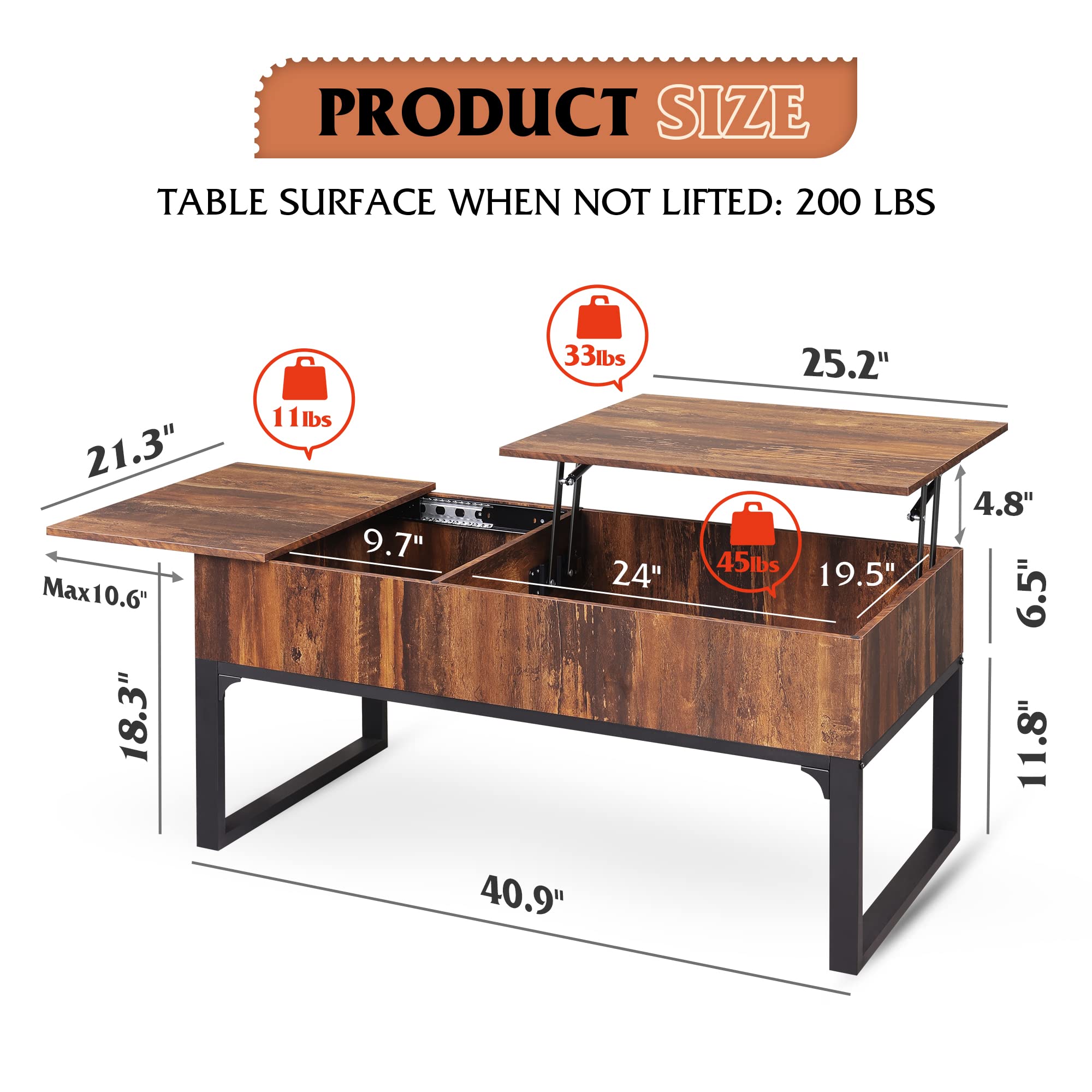 Wlive Lift Top Coffee Table With Storage, 40.9' Coffee Table With Lifting Top & Sliding Top, Wood Modern Center Table With 2 Hidden Compartment For Living Room, Retro Brown