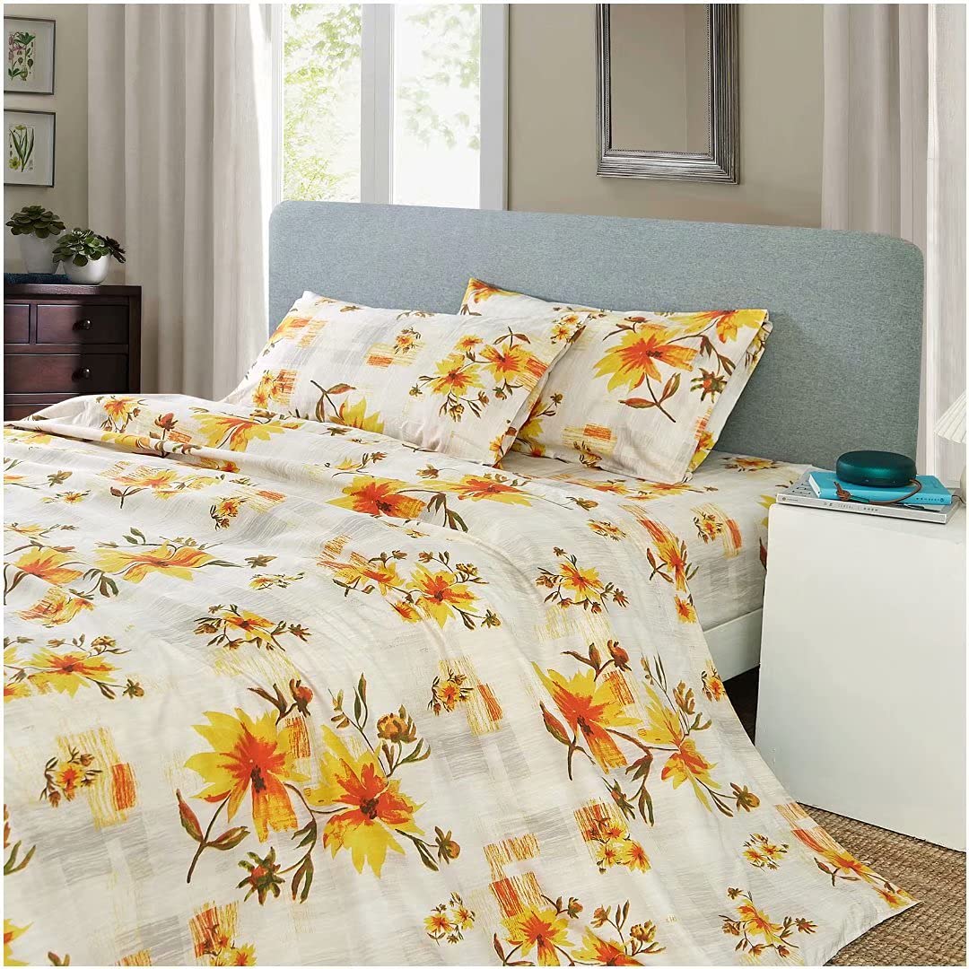 Jsd Yellow Floral Printed Sheet Set King Size, 4 Piece Soft Microfiber Bed Sheets Extra Deep Pocket