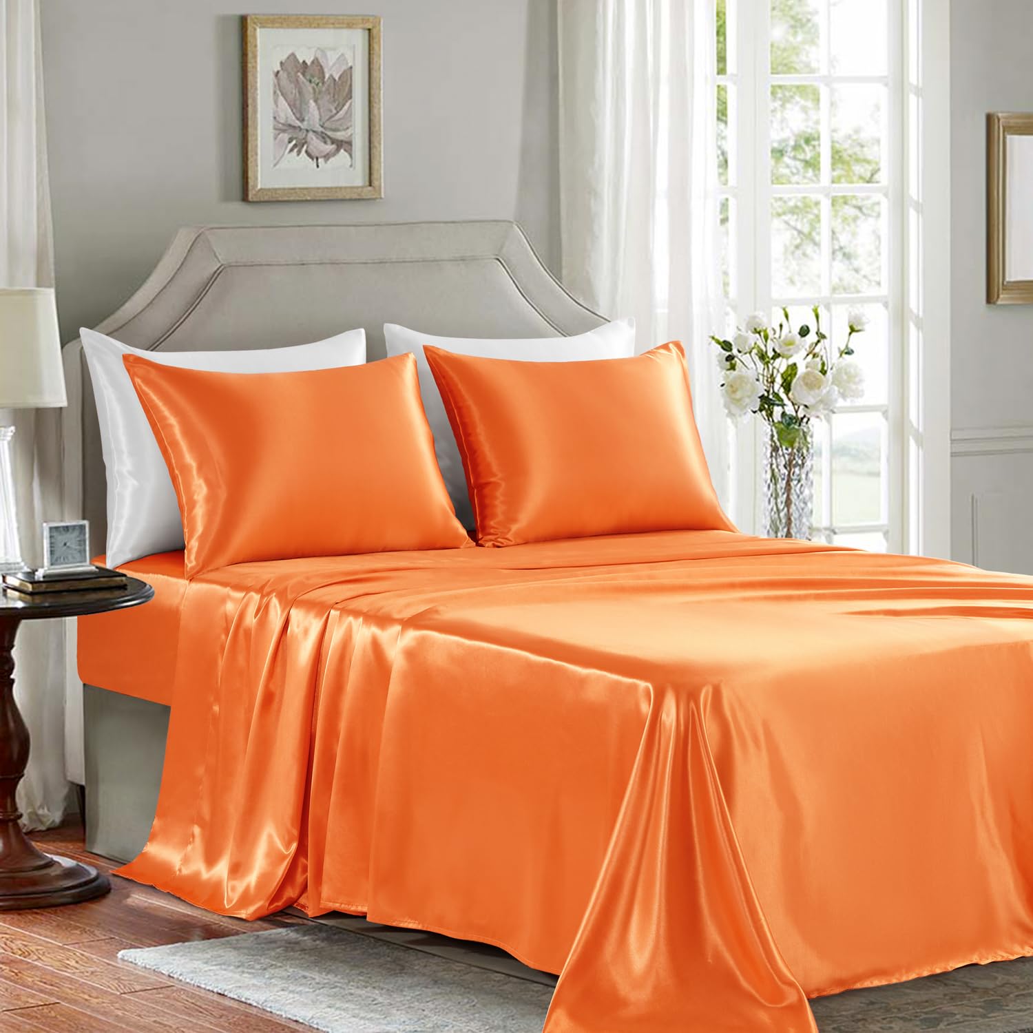 Golal Satin Sheets Full Size - 4 Pieces Luxury Silky Soft Bed Sheets, Wrinkle-Free Burnt Orange Satin Silk Sheet Set With 1 Deep Pocket Fitted Sheet, 1 Flat Sheet, 2 Pillow Cases