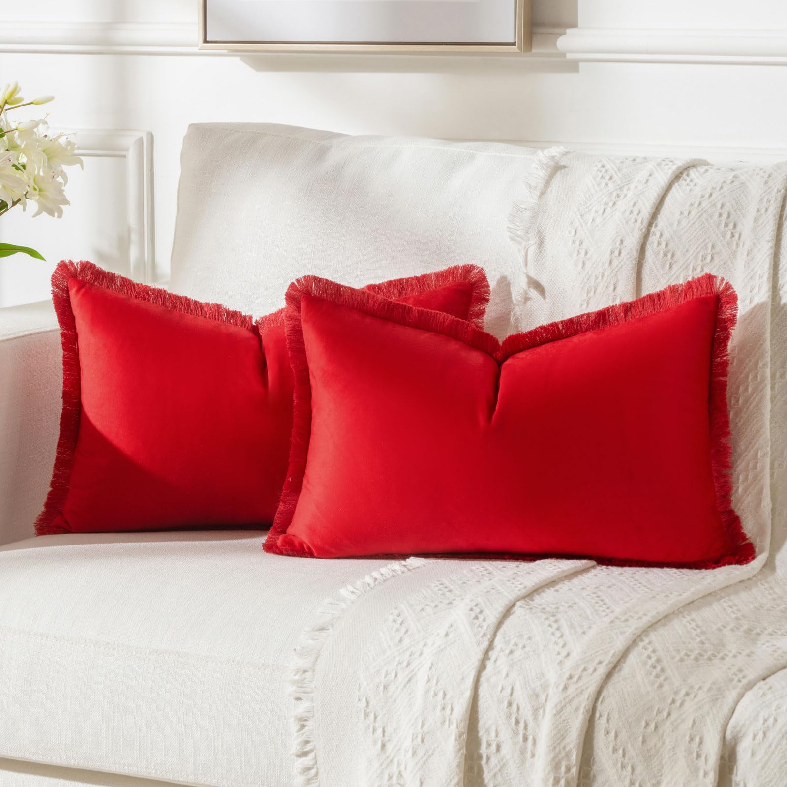 Futei Red Boho Throw Pillow Covers With Tassels 12X20 Inch Set Of 2,Soft Velvet Lumbar Pillow Cases,Home Decor For Couch Living