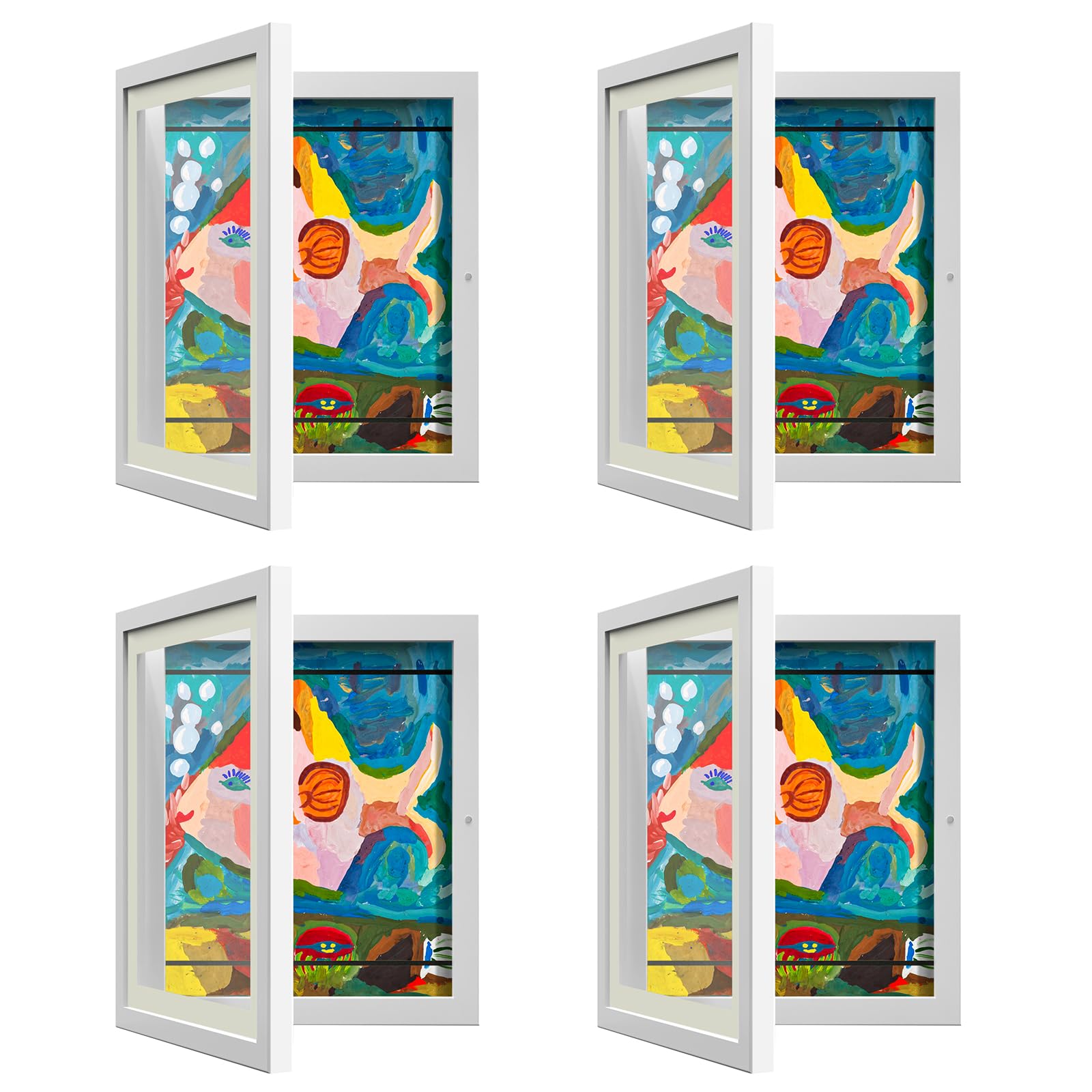 4 Pack Kids Art Frames, Kids Artwork Frames Changeable 8 x10.5 with Mat and 9 x12 Without Mat, White Front Opening Children Pict