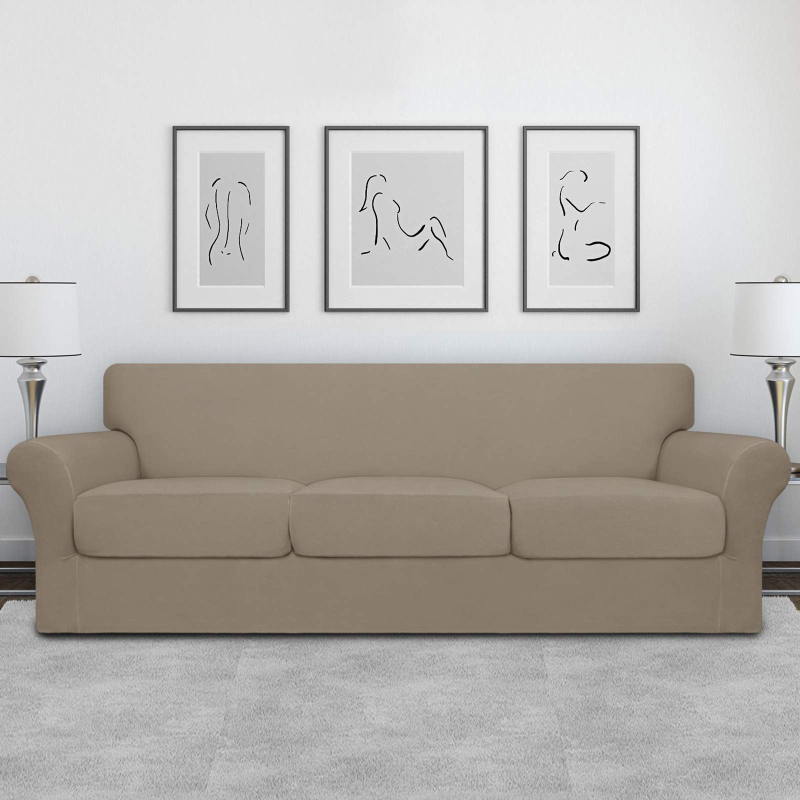 Easy-Going 4 Pieces Oversized Stretch Soft Couch Cover For Dogs - Washable Sofa Slipcover For 3 Separate Cushion Couch - Elastic Furniture Protector For Pets, Kids Natural