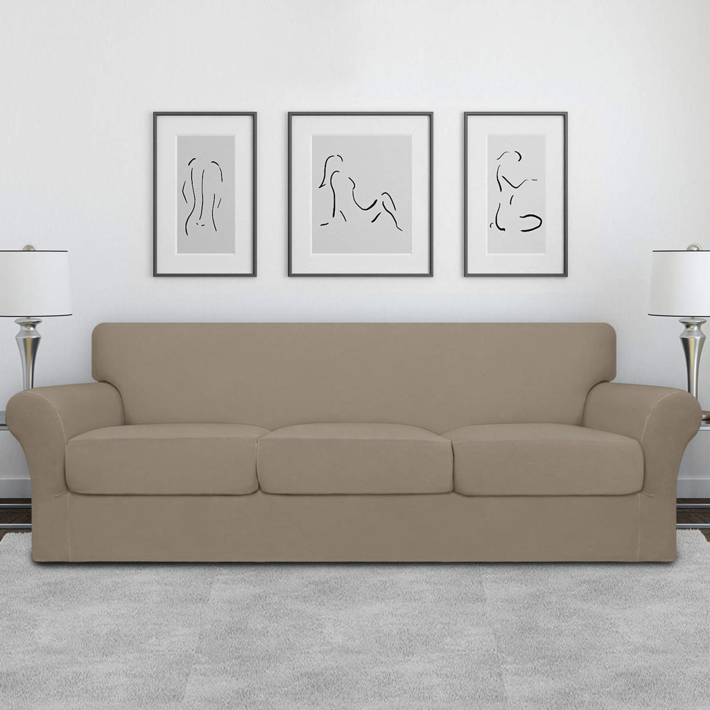 Easy-Going 4 Pieces Oversized Stretch Soft Couch Cover For Dogs - Washable Sofa Slipcover For 3 Separate Cushion Couch - Elastic Furniture Protector For Pets, Kids Natural