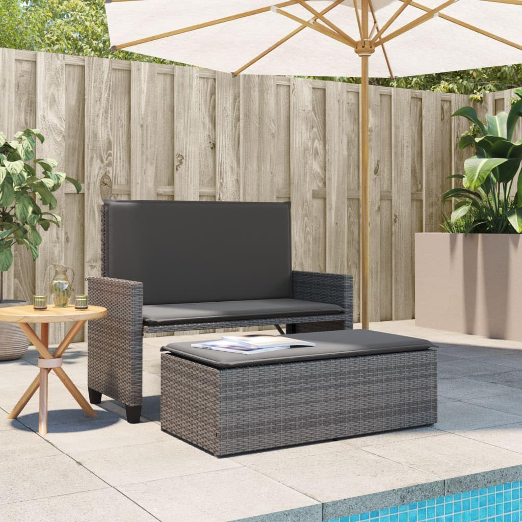 vidaXL Patio Bench with Cushions and Footstool - Convertible Outdoor Loveseat Sofa Bed - Gray Poly Rattan, Padded Cushions