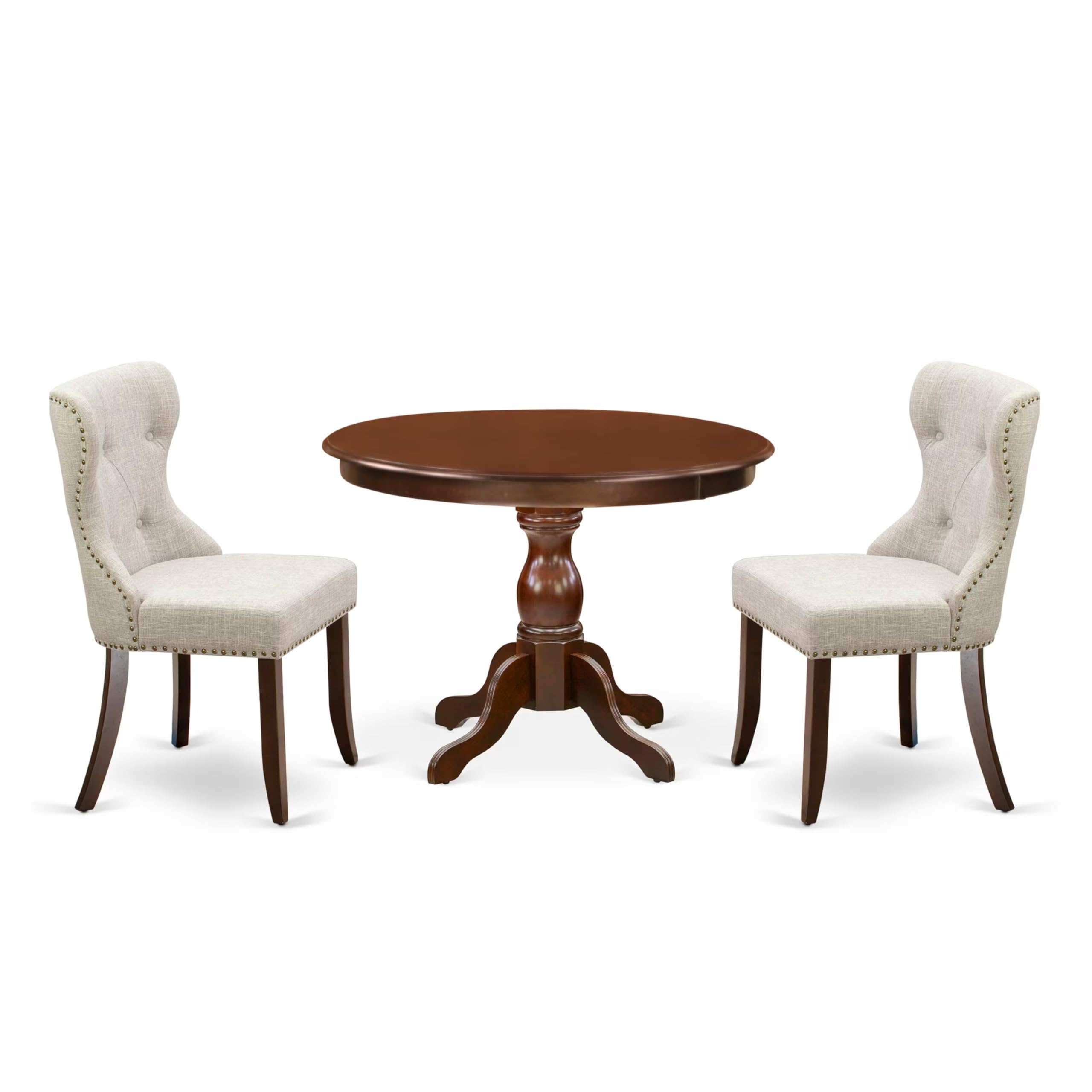 East West Furniture HBSI3-MAH-35 3 Piece Dining Set Contains a Round Dining Room Table with Pedestal and 2 Doeskin Linen Fabric Upholstered Parson Chairs, 42x42 Inch, Mahogany