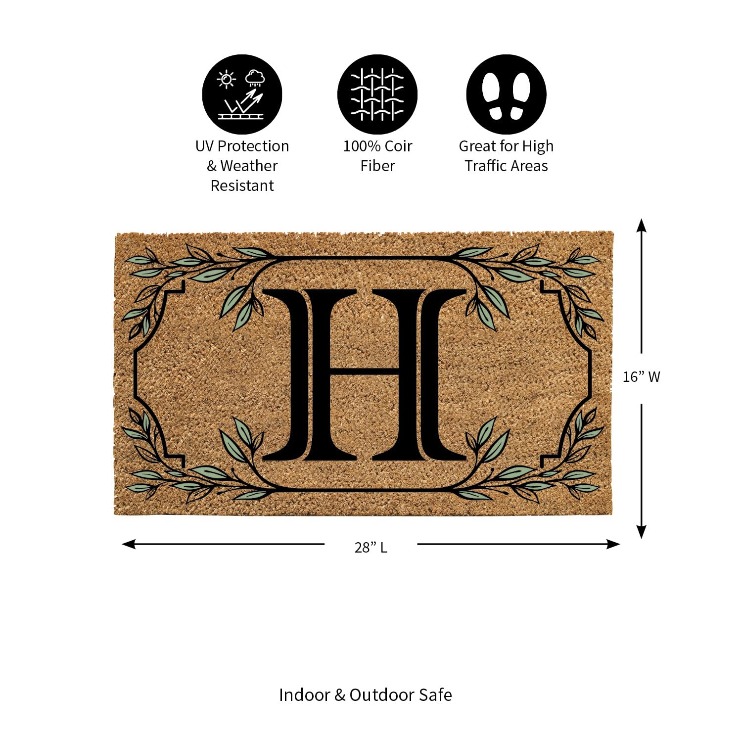 Evergreen Monogram Coir Doormat | Letter H | Front Door Mat For Outdoor Indoor Entrance | 28X16 Inches | Non-Slip Backing Doorwa
