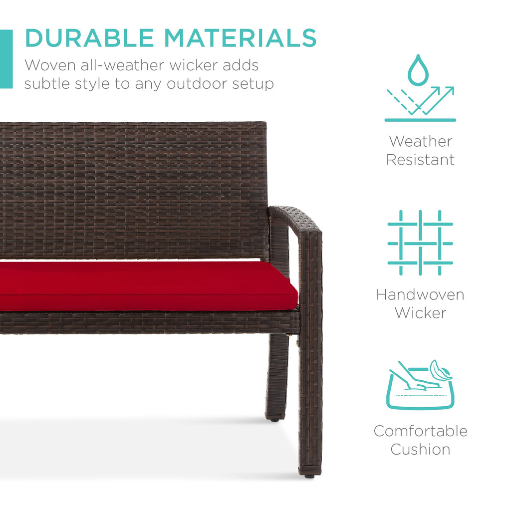 Best Choice Products Outdoor Bench 2-Person Wicker Garden Patio Benches Seating Furniture For Backyard, Porch W/Seat Cushion, 700Lb Capacity - Brown/Red