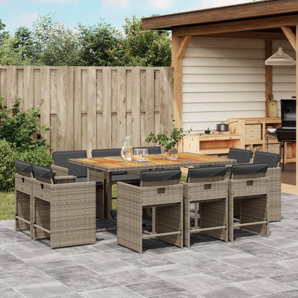 vidaXL - 11 Piece Patio Dining Set with Cushions, Compact Storage, Gray Poly Rattan, Garden Furniture, Acacia Wood Tabletop