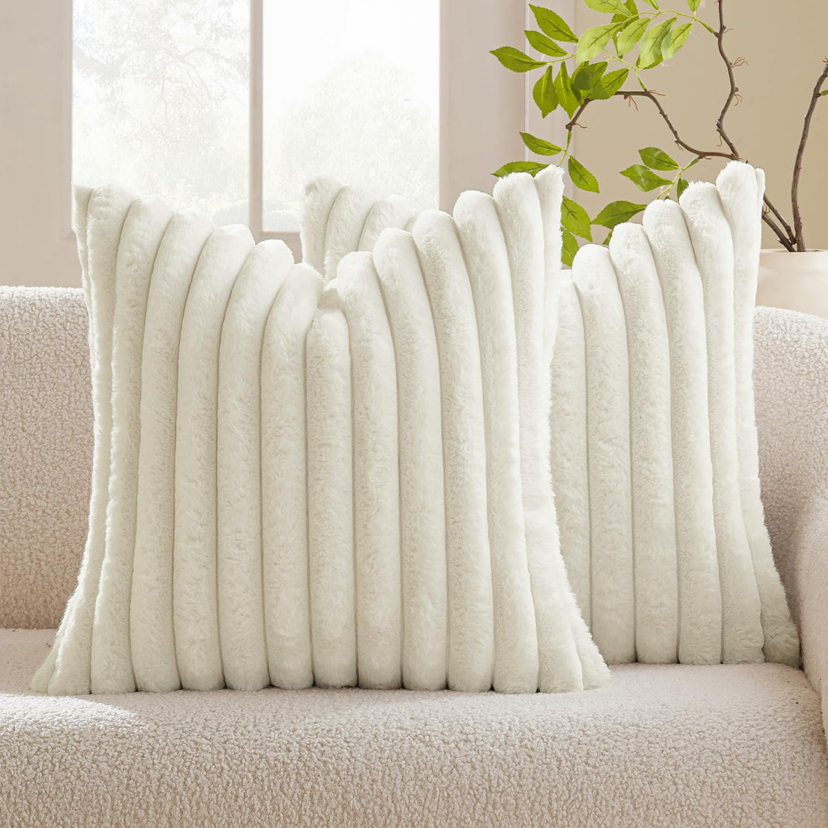 Miulee Cream White Throw Pillow Covers 20X20 Inch Set Of 2 Fuzzy Striped Soft Pillowcase With Velvet Back Faux Rabbit Fur Cushio