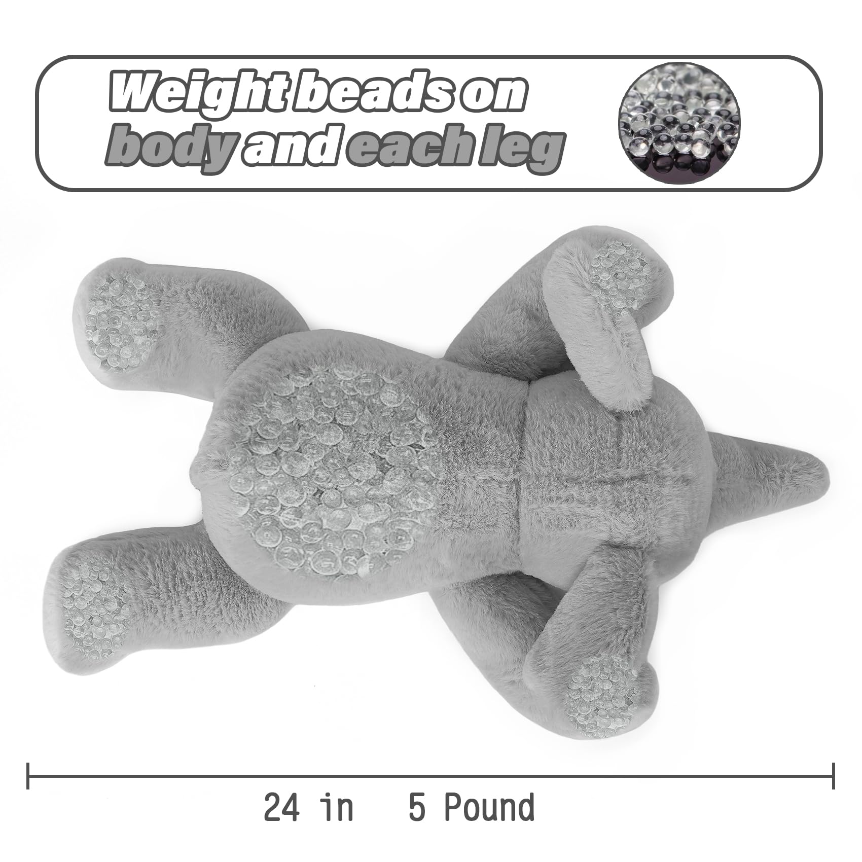 Jellymallow 5 Lbs 24' Weighted Elephant Stuffed Animals Gray, Giant Elephant Plush Pillow Huggable Plushie For Kids And Adults
