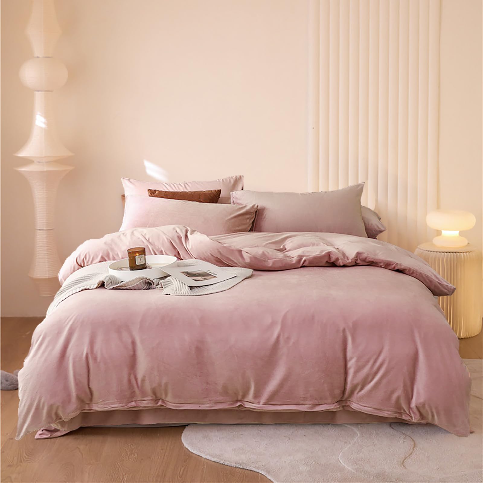 Luxlovery Pink Velvet Comforter Set King Dusty Pink Flannel Plush Bedding Comforter Set Winter Thick Warm Solid Haze Pink Quilts