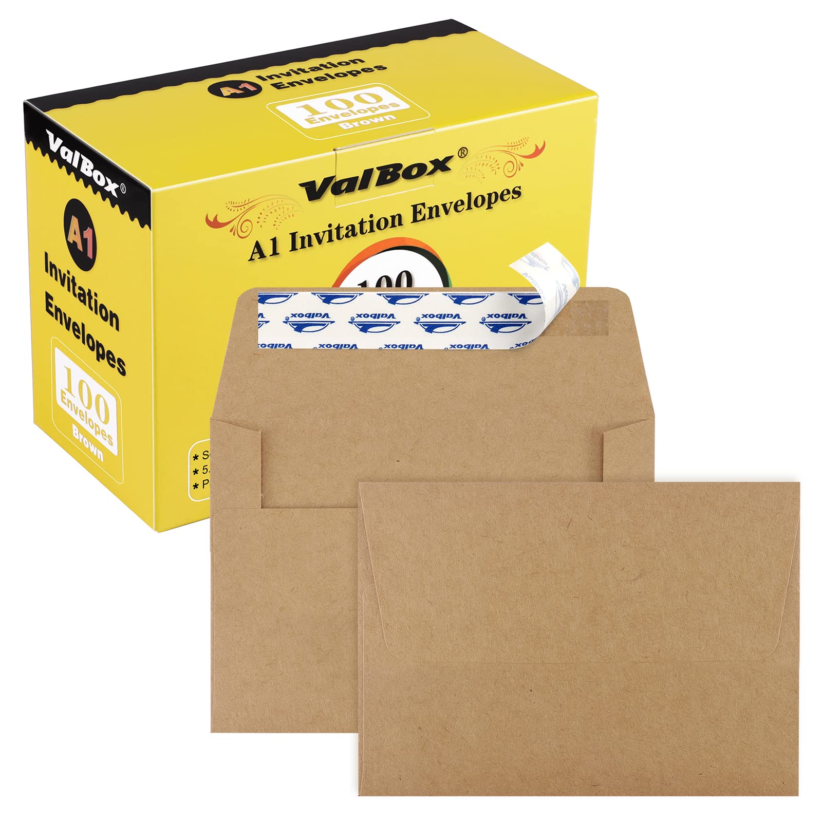 Valbox A1 Invitation Envelopes 100 Qty - 3.5 X 5' Brown Envelopes Self Seal For Invitations, Wedding, Baby Shower, Small Gift C