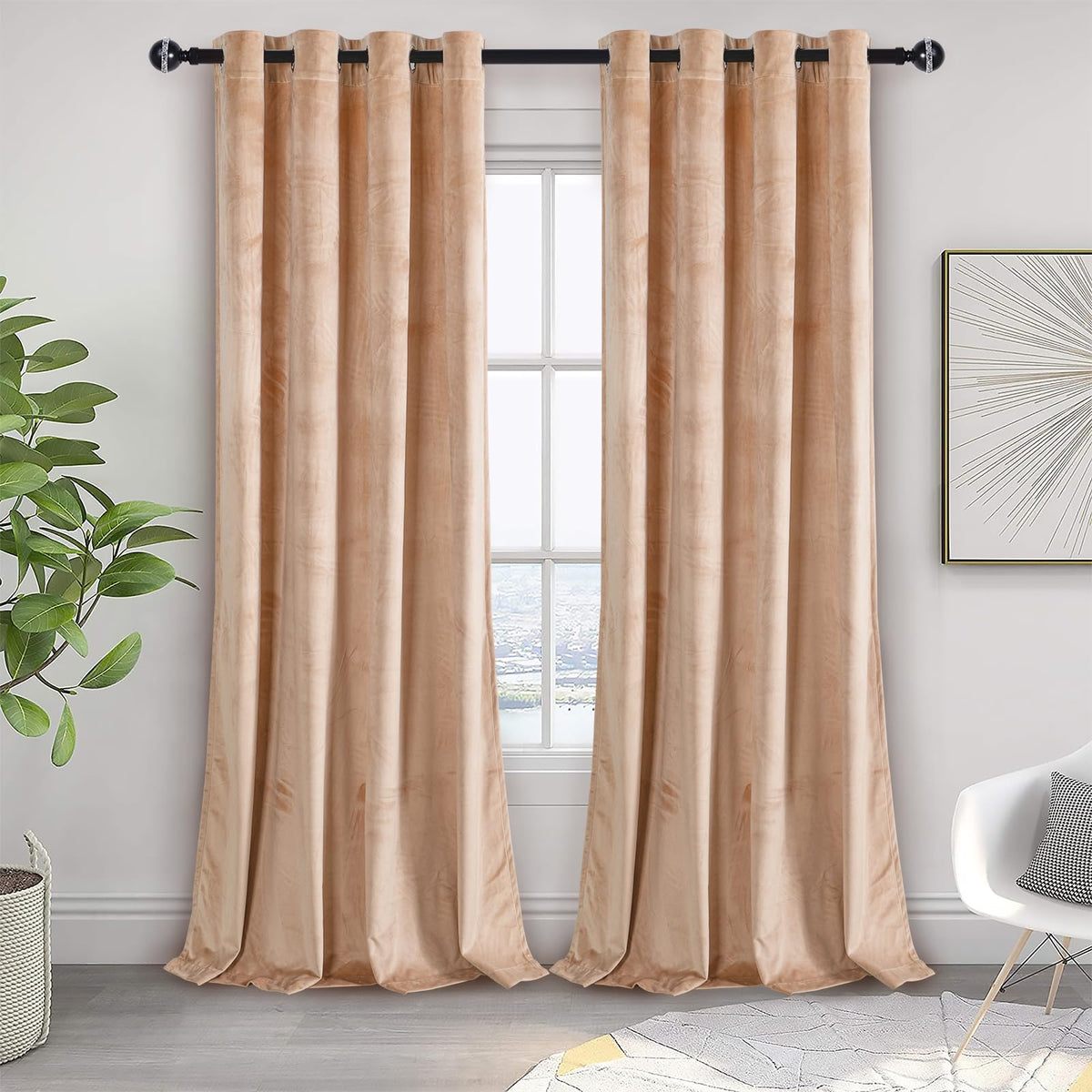 Jiuzhen Blush Beige Velvet Curtains 96 Inches Soundproof Curtains For Living Room - Privacy Protect Room Darkening Grommet Thick
