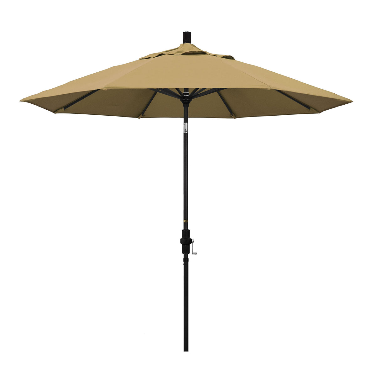 California Umbrella 9' Round Aluminum Market Umbrella, Crank Lift, Collar Tilt, Black Pole, Sunbrella Cocoa