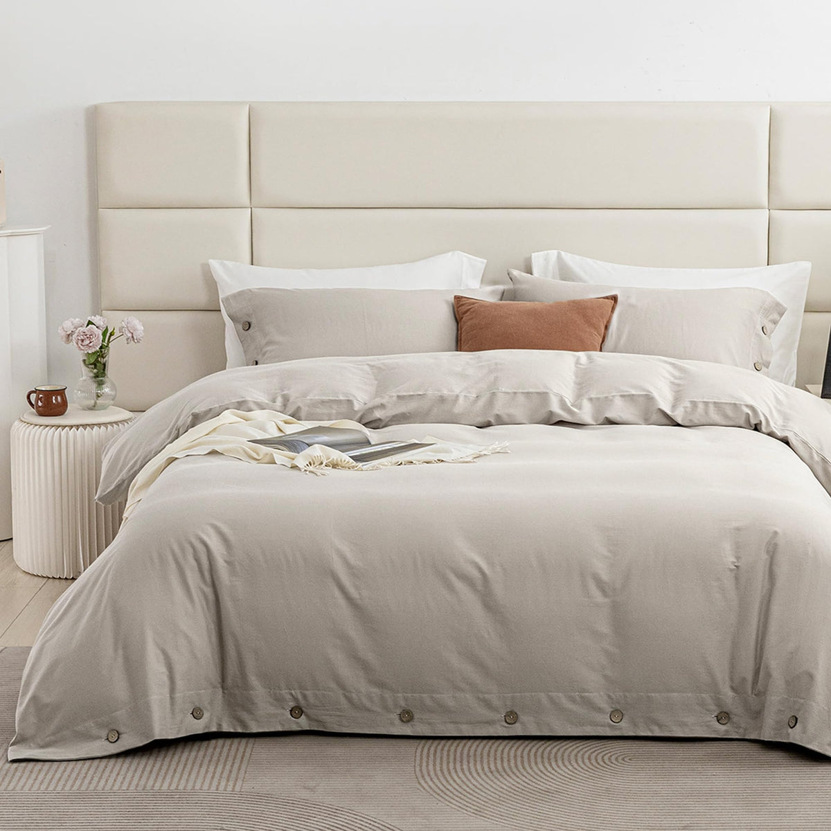 Jellymoni Cream Grey 100% Washed Cotton Linen Like Textured Duvet Cover Set, 3Pcs Luxury Soft Bedding Set With Buttons Closure.