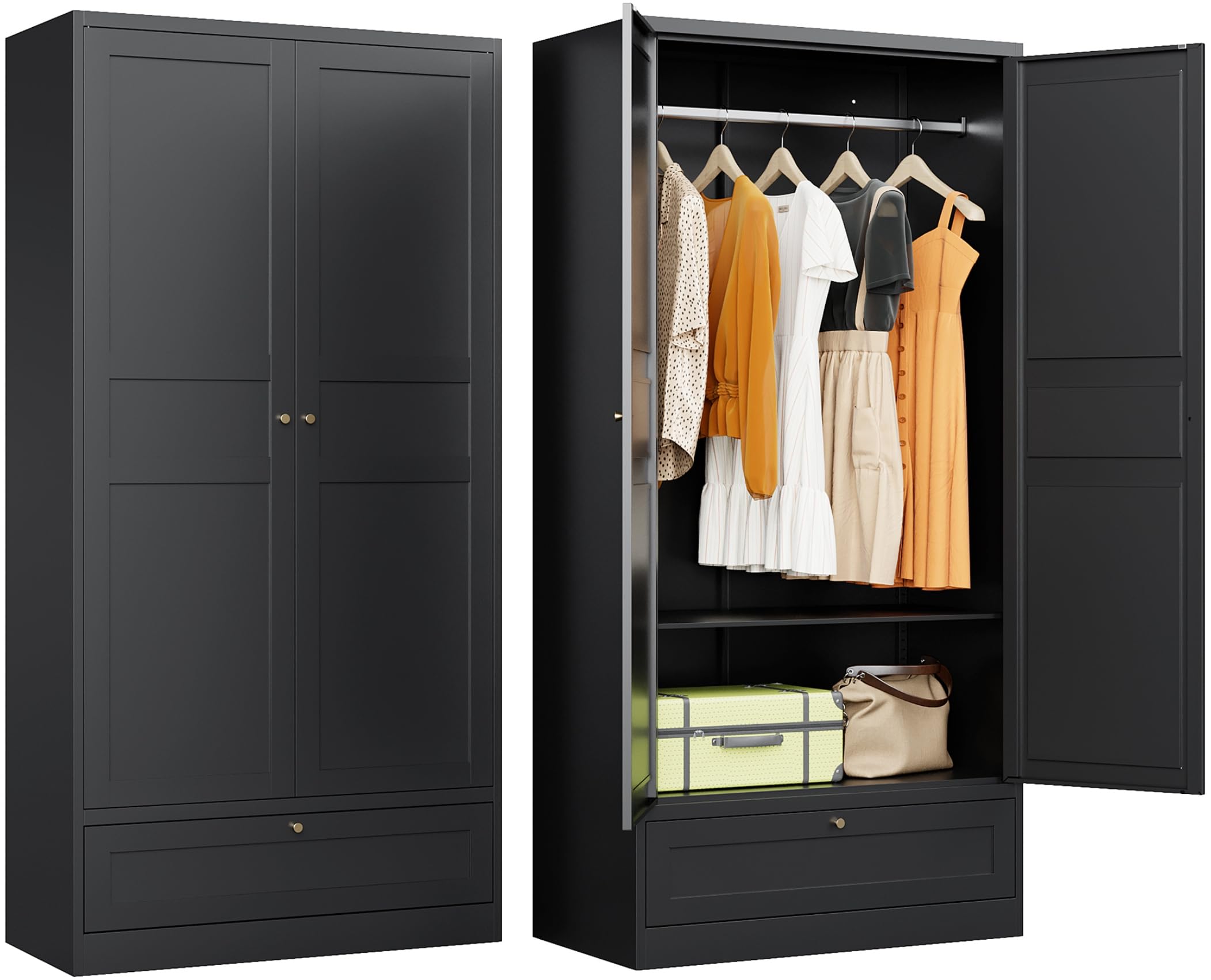 Metal Wardrobe Cabinet With Drawer,Armoire Wardrobe Closet With Doors,Black Metal Clothing Storage Cabinet With Adjustable Shelves And Hanging Rod,Wardrobe Storage Cabinet For Home,Bedroom Armoires