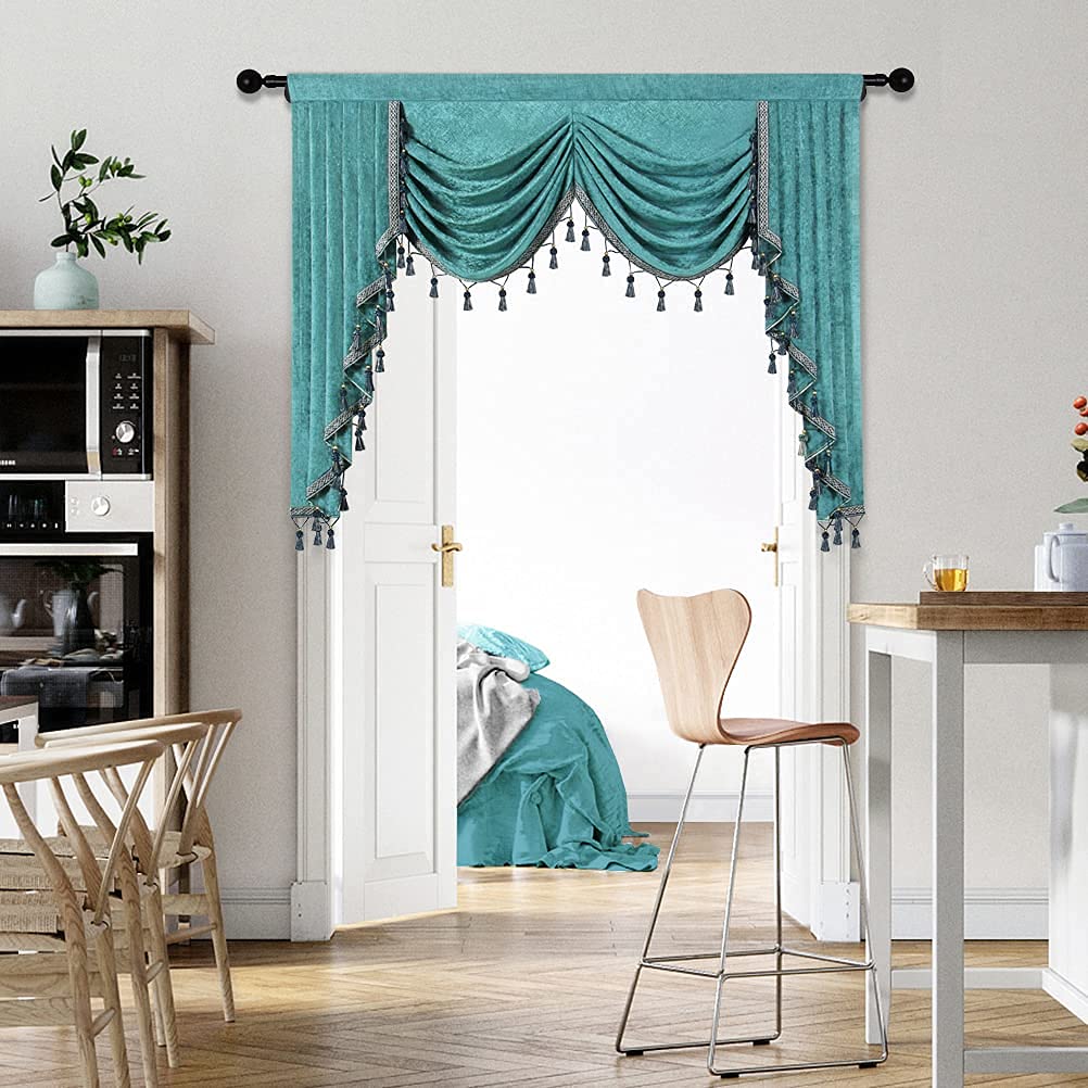 Elkca Thick Chenille Window Curtains Valance For Living Room Turquoise Waterfall Valance For Bedroom,1 Panel (Turquoise, W69)