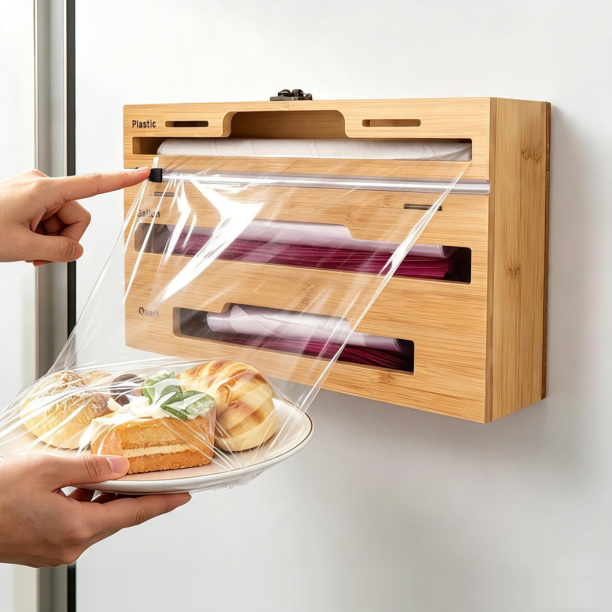 Allinside Magnetic Kitchen Bag Organizer and Plastic Wrap Dispenser with Slide Cutter, 3in1 Bamboo Kitchen Foil Storage Holder