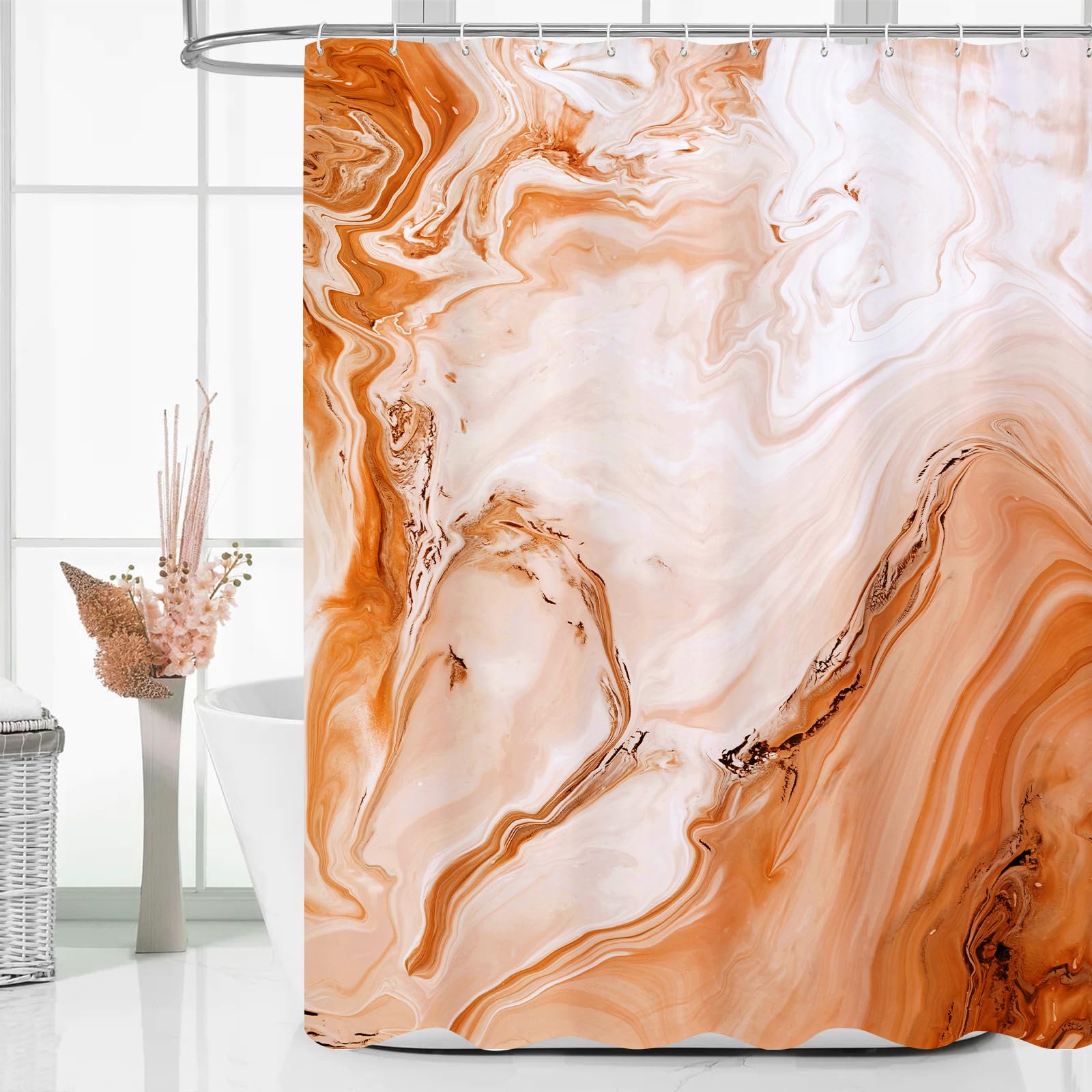 MitoVilla Orange Marble Shower Curtain, Abstract Ombre Fabric Shower Curtains for Modern Bathroom Decor, Luxury Cloth Watercolor
