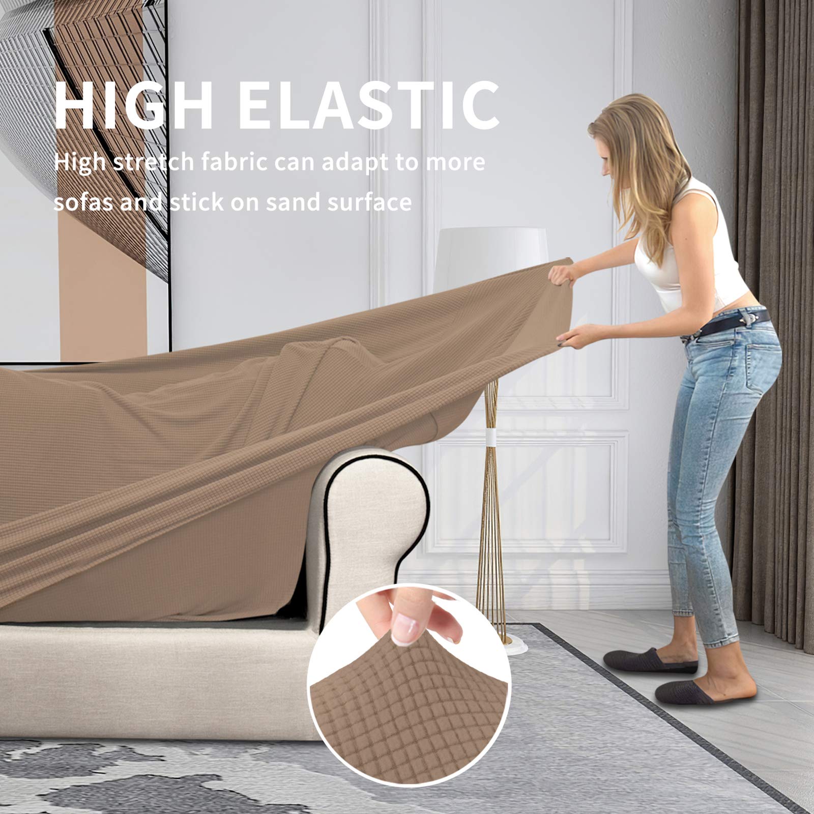 Easy-Going 3 Pieces Stretch Couch Cover Sofa Cover For Dogs Washable Sofa Slipcover For 2 Separate Cushion Couch Spandex Jacquard Fabric Elastic Furniture Protector For Pets, Kids (Camel, Loveseat)