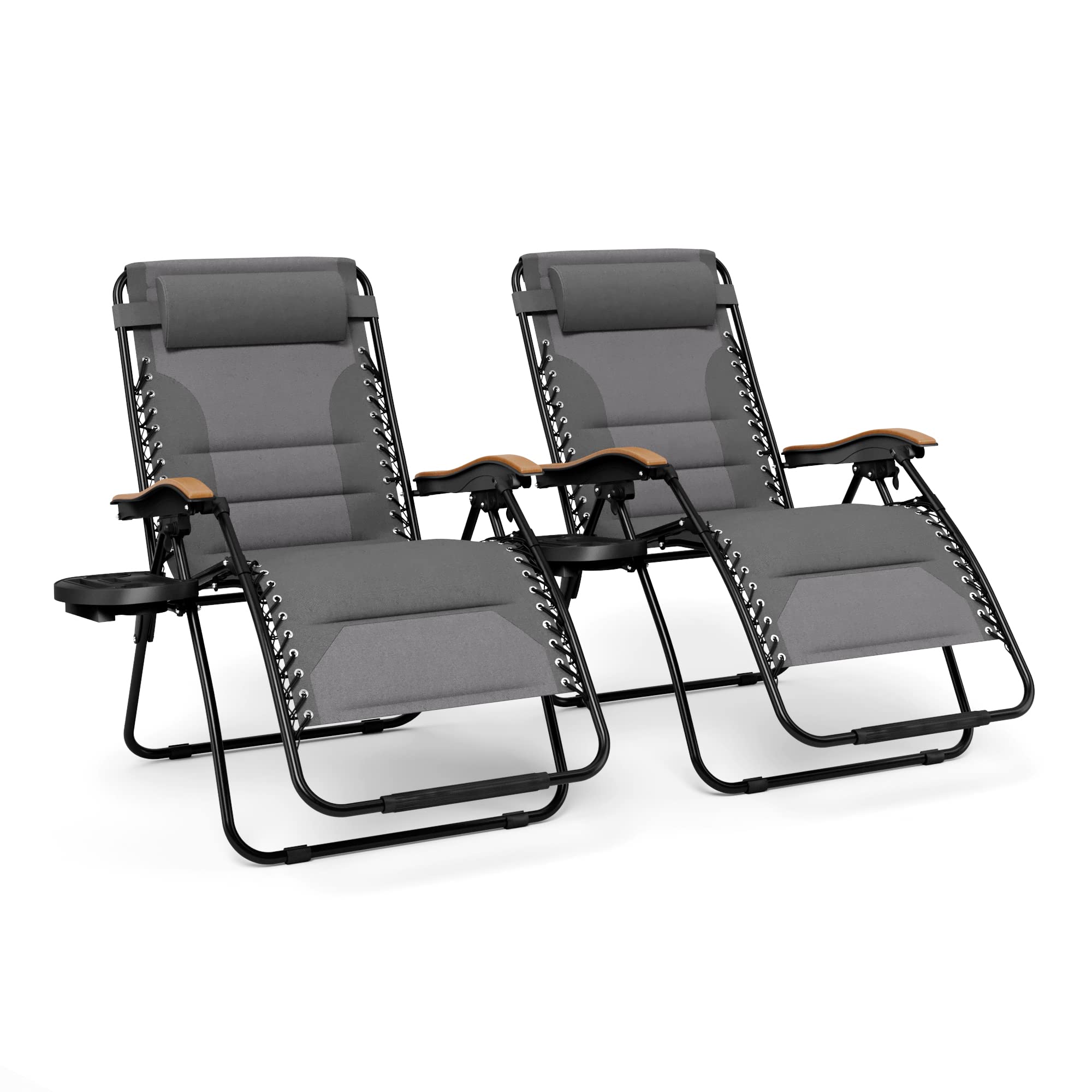Mfstudio Zero Gravity Chairs Set Of 2, Xl Oversized Outdoor Anti Gravity Chair, Patio Lounge Folding Adjustable Chair With Cup Holder & Padded Headrest, Support 400Lbs,Light Grey