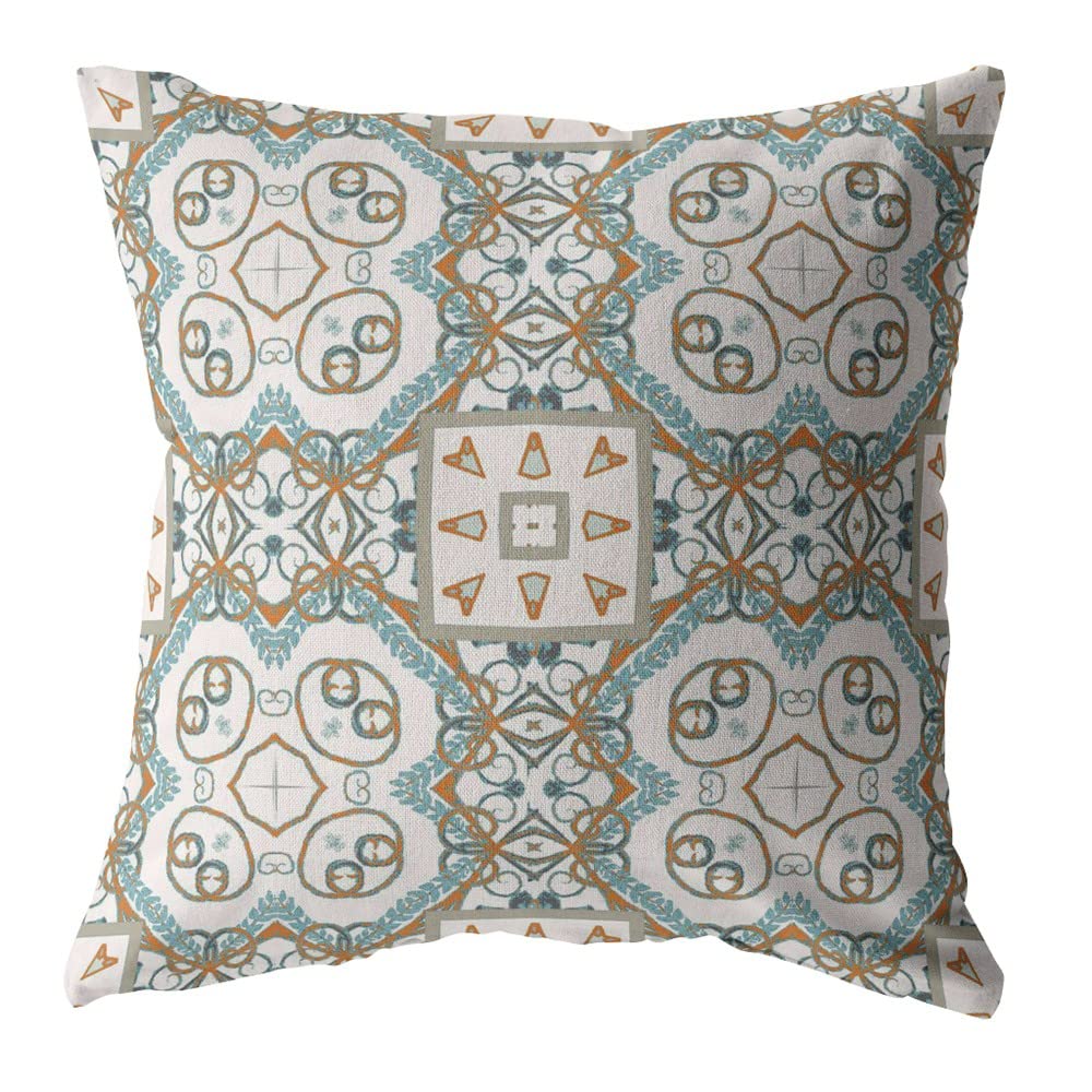 HomeRoots Orange and Light Blue On White Broadcloth 28â€ Blue Orange Mandala Indoor Outdoor Throw Pillow