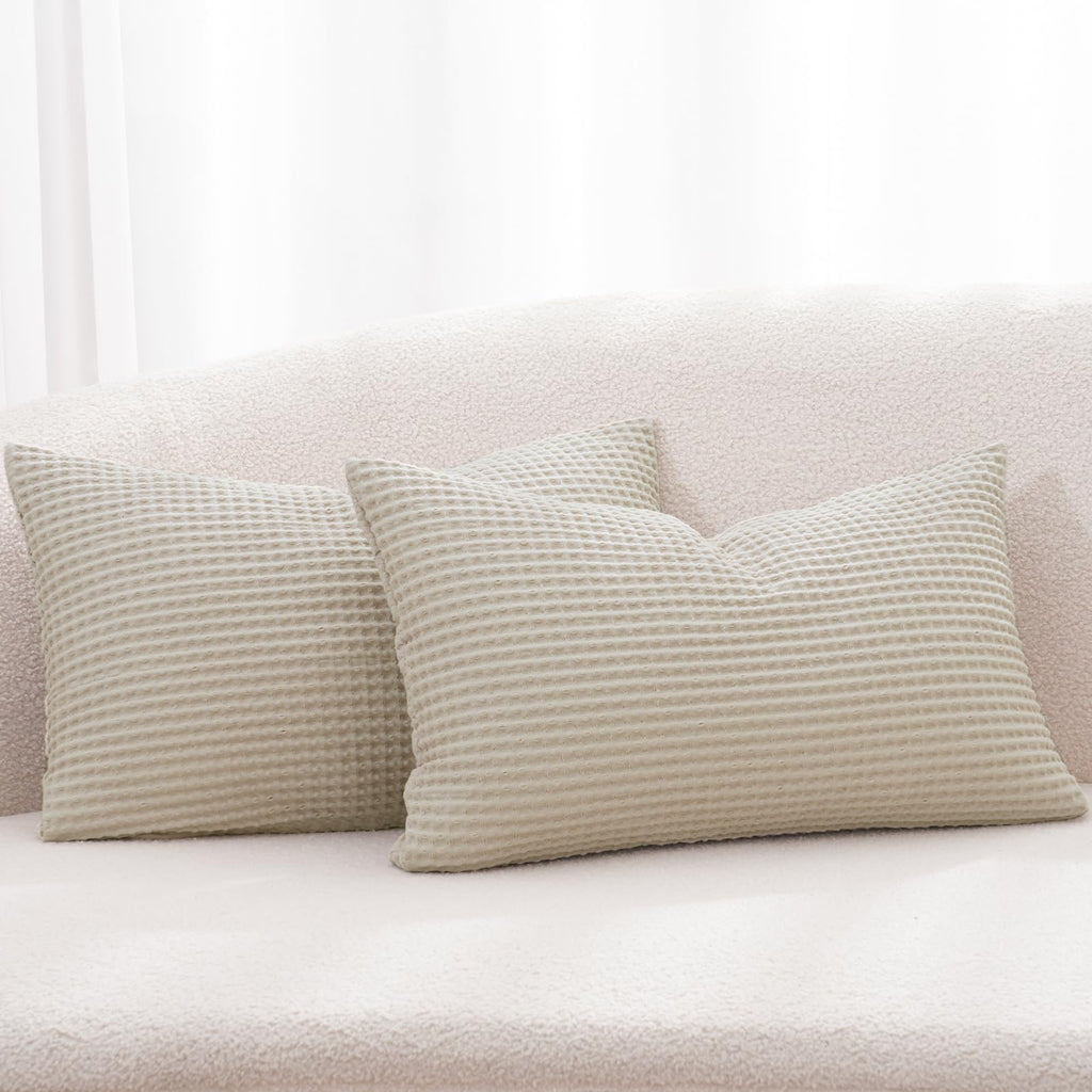 Phf 100% Cotton Waffle Weave Lumbar Pillow Cover 12' X 20', No Filling, 2 Pack Elegant Home Decorative Rectangle Throw Pillow Covers For Bed Couch Sofa,Linen