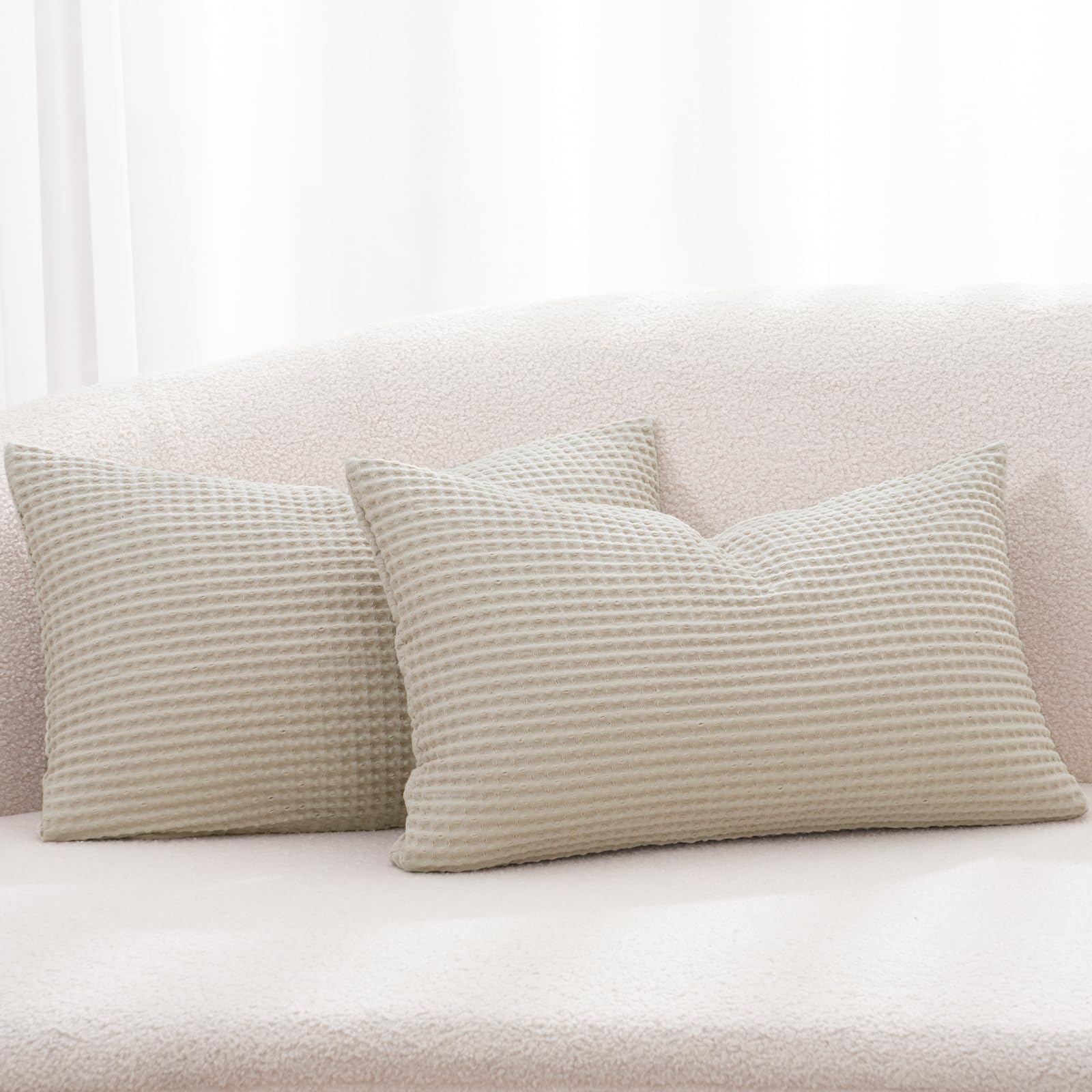 Phf 100% Cotton Waffle Weave Lumbar Pillow Cover 12' X 20', No Filling, 2 Pack Elegant Home Decorative Rectangle Throw Pillow Covers For Bed Couch Sofa,Linen