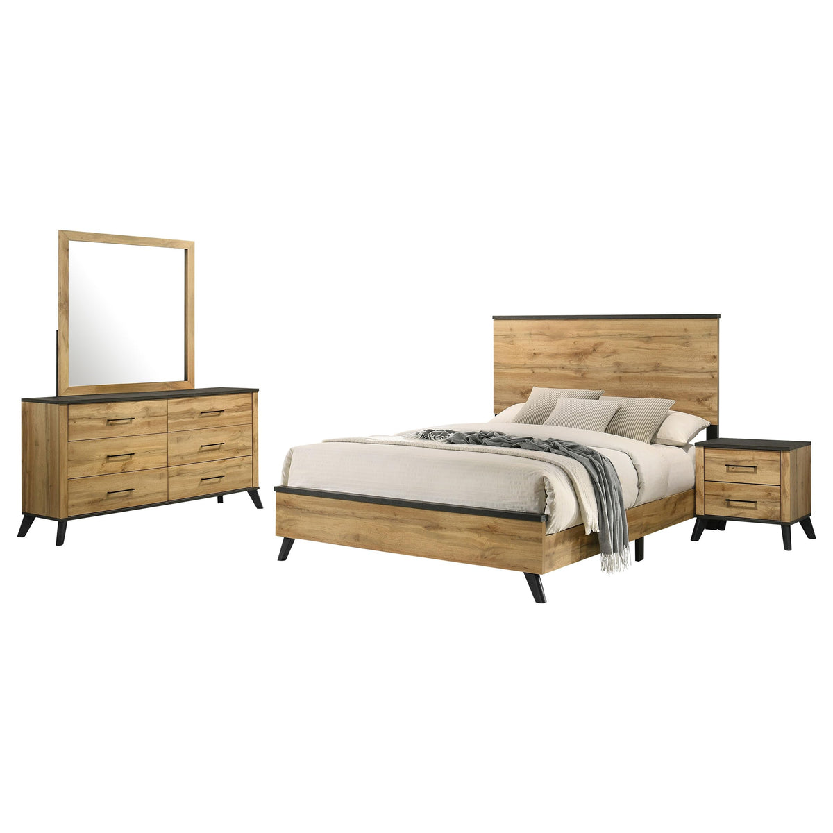 Coaster Home Furnishings Kaywood Mid-Century Modern 4-Piece Bedroom Set Eastern King Size Panel Bed Frame 52-inch Headboard Weathered Brown and Natural Pine 225001KE-S4