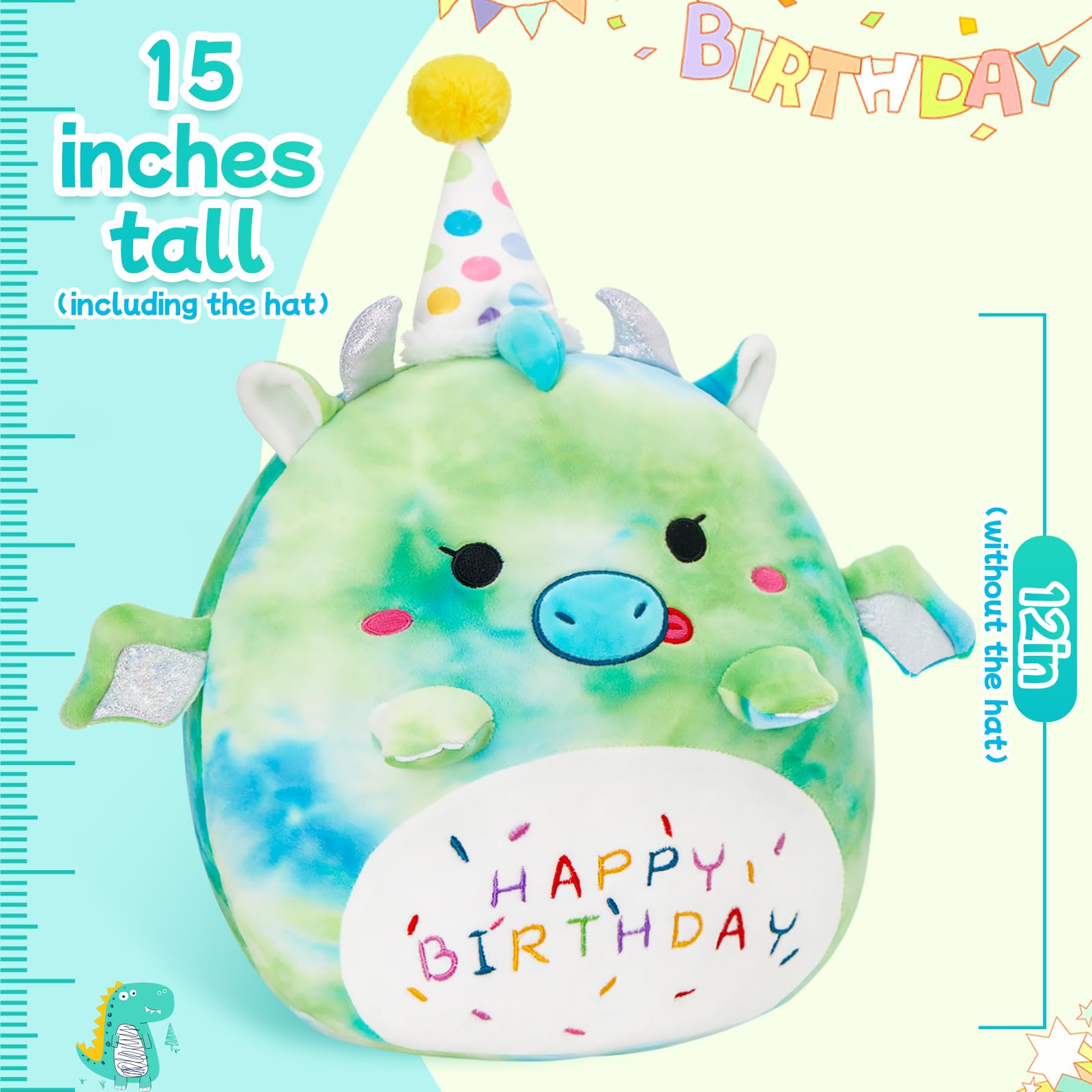 Bstaofy 15' Cute Happy Birthday Dinosaur Soft Plush Pillow Green Dinosaur Birthday Stuffed Animal Gifts For Boys Girls Baby Kid