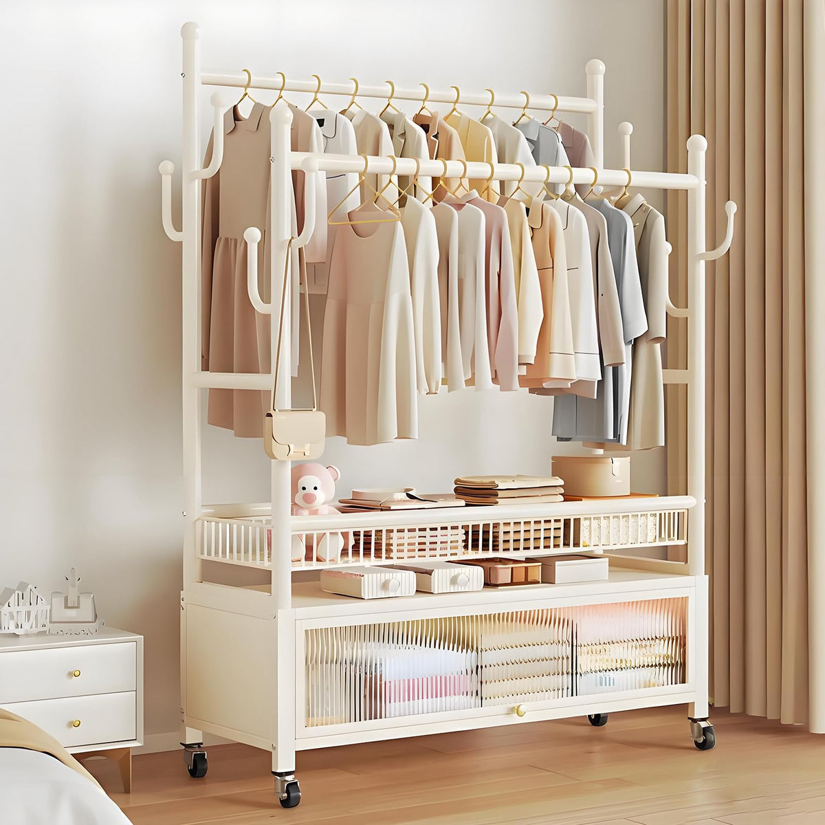 Rolling Clothing Rack, Clothes Rack with Shelves, Double Rods and Side Hooks, Portable Wardrobe Rack, Metal Garment Rack, Sturdy